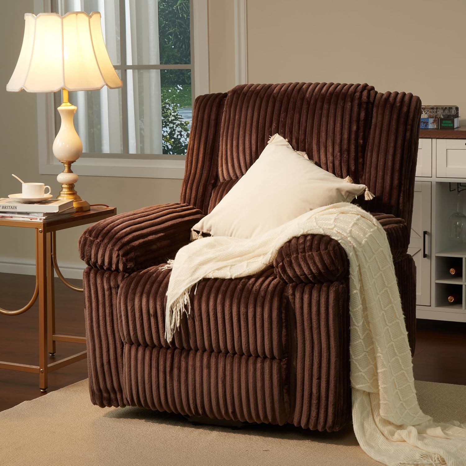 Garvee Corduroy Recliner Chair, Manual Recliner Sofa with Handle, Pillow Top Arms, Thick Padding, Side Pocket, 330Lbs Capacity, Adjustable Recliner for Living Room, Bedroom, Home Theater, Brown