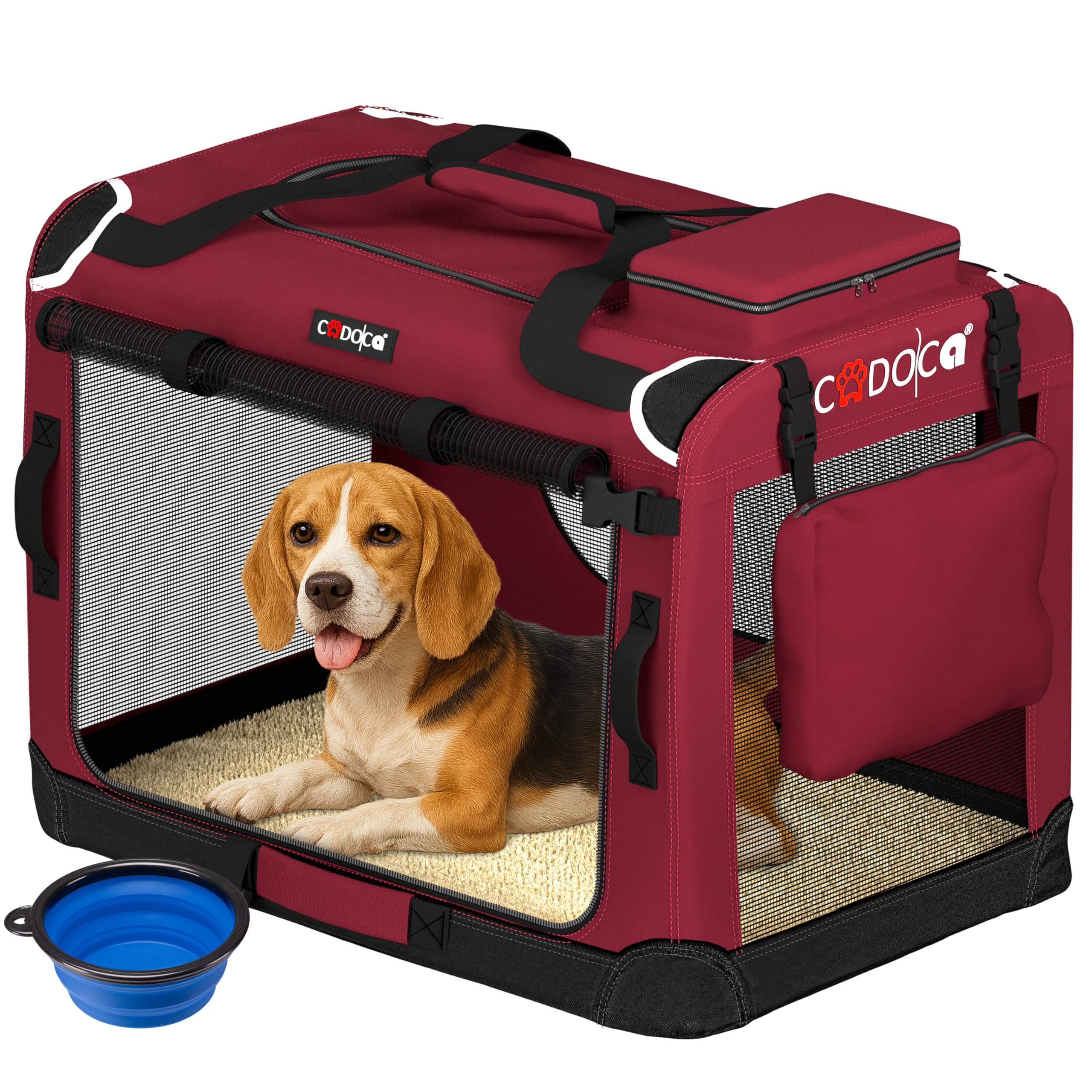 CADOCA® Large Dog Crate - Fabric | Dog Cage Foldable Portable Indoor & Car Travel Pet Carrier for Pets | Lightweight with Mesh Windows | Puppy, Kitten, Dog, Cat Carrier 70x52x50cm Dark Red