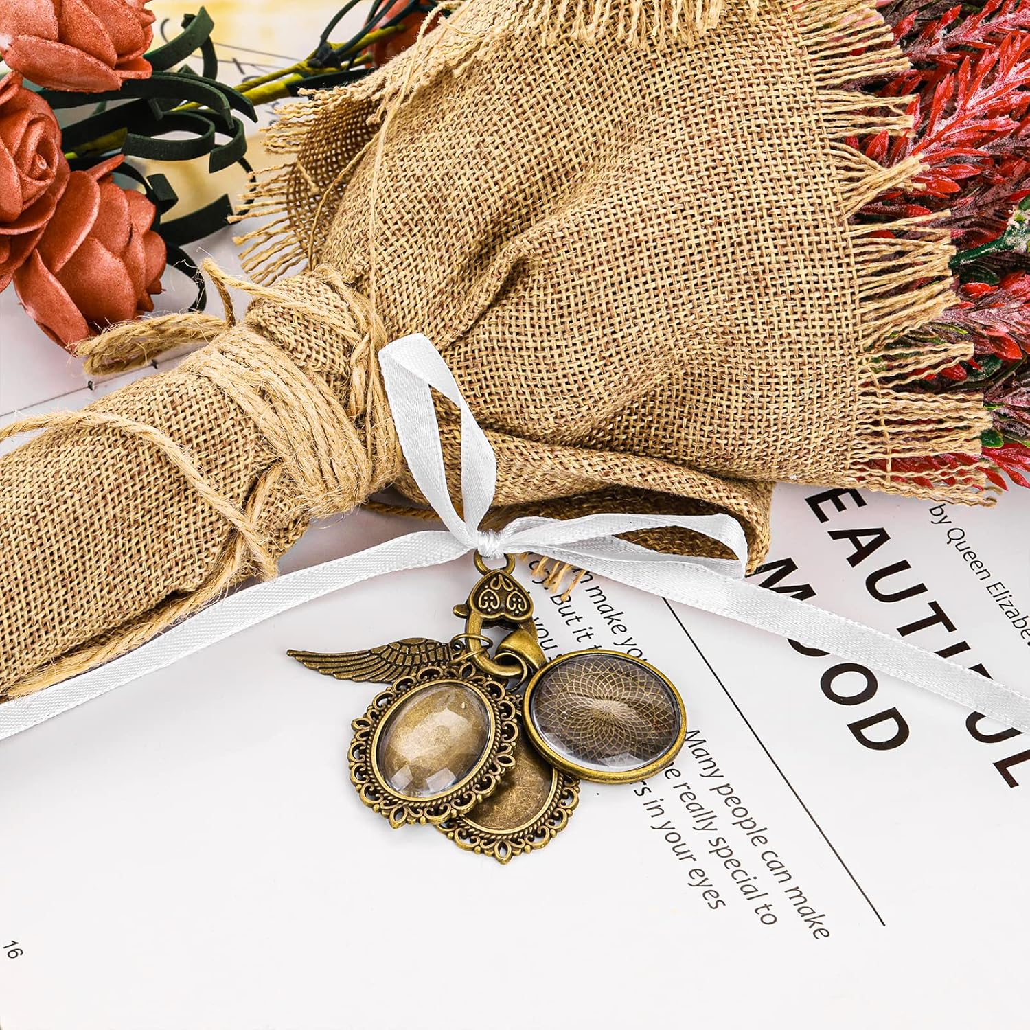 Lusofie Wedding Memory Lacy Oval Bouquet Photo Charms Angel Wing Memorial Charms for Bridal Shower and Bachelor Party - Image 5