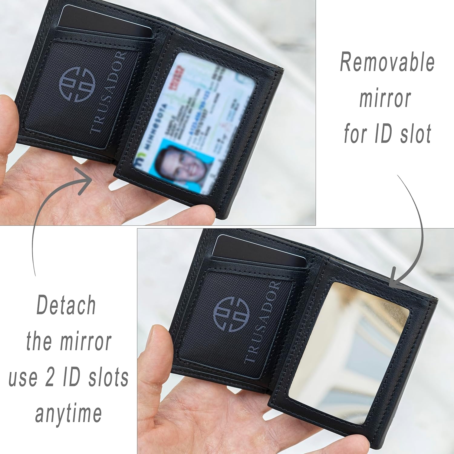TRUSADOR Marseille Rfid Leather Wallet for Women and Men Includes ID Window, Detachable Mirror, Holds Bills, Cards, Includes Coin Pocket, Holds Cash (Black)