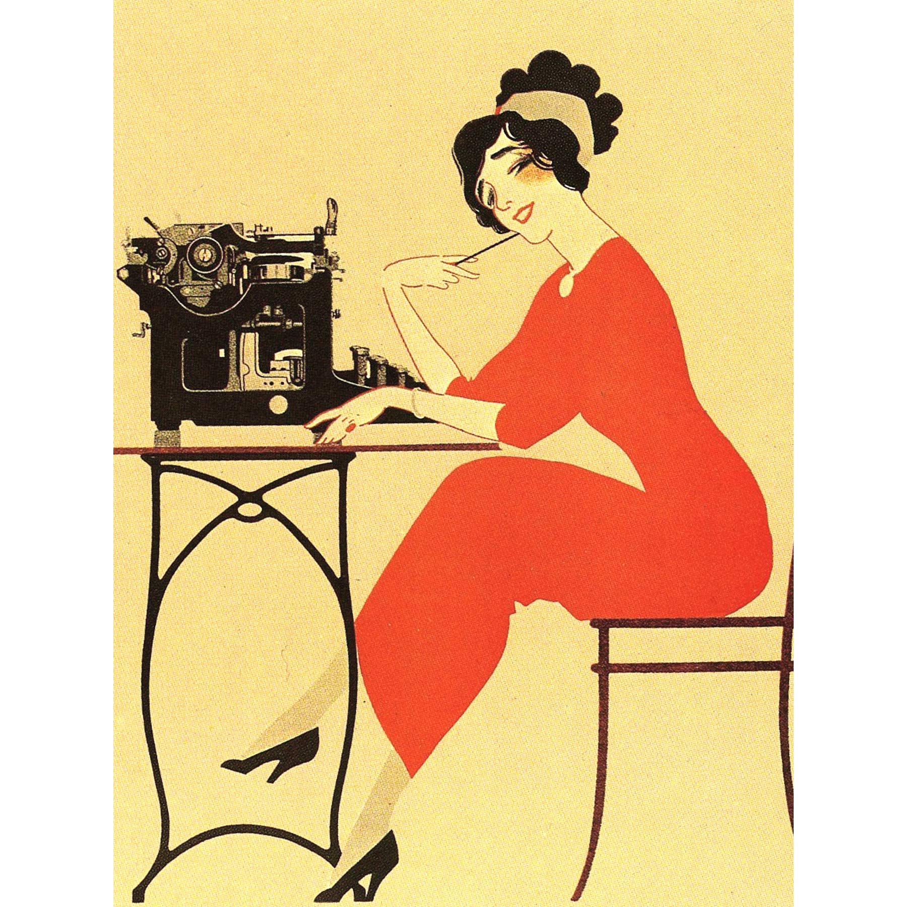 Wee Blue Coo Typewriter Woman Red Dress Writing Large Wall Art Poster Print Thick Paper 18X24 Inch