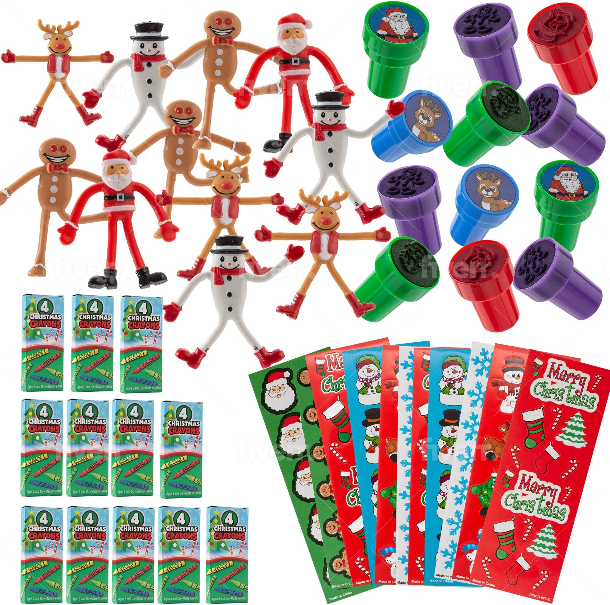 FAVONIR Christmas Party Favor Stuffers 84 Pcs Goody Bag Assortment Bendable Characters, Self-Ink Stampers, Crayons, Colorful Holiday Theme Sticker Assortment Kids Activity Toys And Fun Reward Prizes