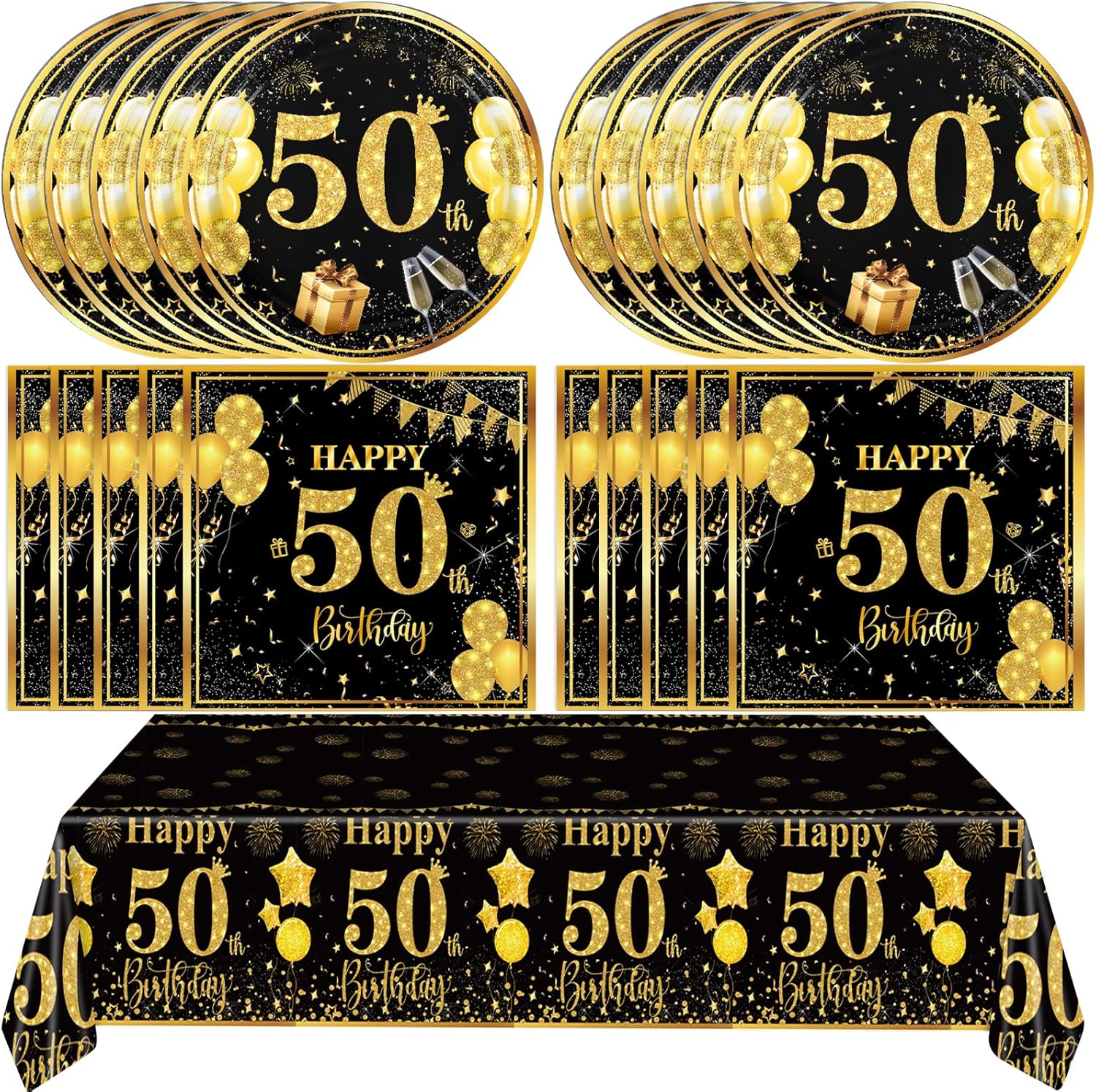 41Pcs 50th Birthday Decorations for Men Women,Black Gold 50th Year Old Party Tableware Set Back in 1975 Happy 50th Birthday Plates Napkins Tablecloth丨Cheers to 50 Years Party Supplies,Serve 20