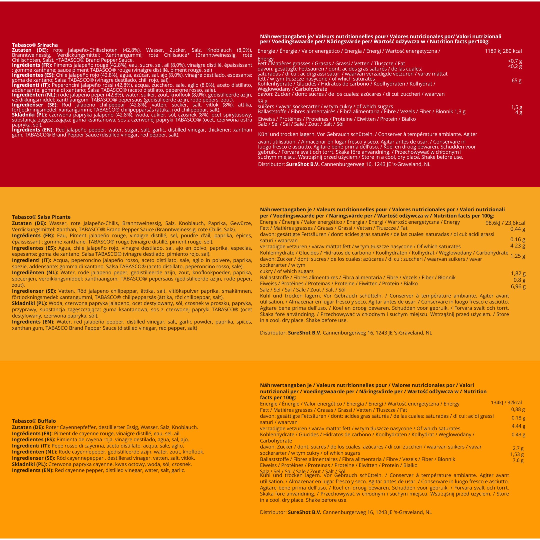 TABASCO 3-pack: Sriracha, Búfalo y Salsa Picante 256 ml Botellas