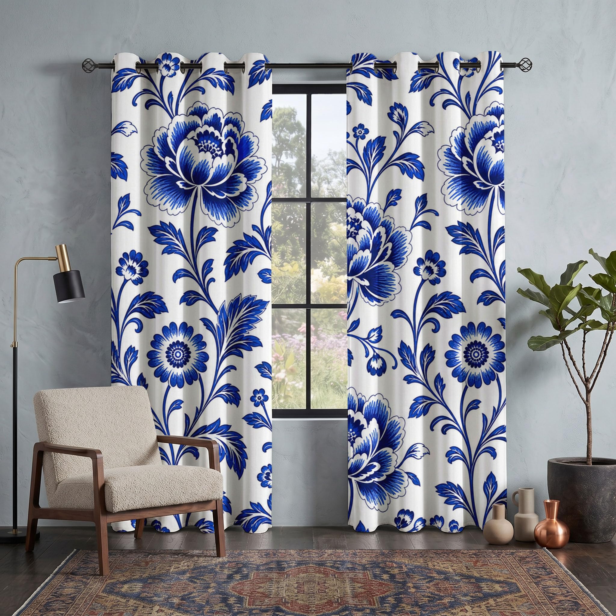 Blau-Weiße Porzellanpfingstrose Verdunkelungsvorhänge mit Ösen im Retro-Blumenmuster | Blickdichte Vorhänge für Schlafzimmer, Wohnzimmer und Kinderzimmer,H200cmxB140cm(2er Pack)