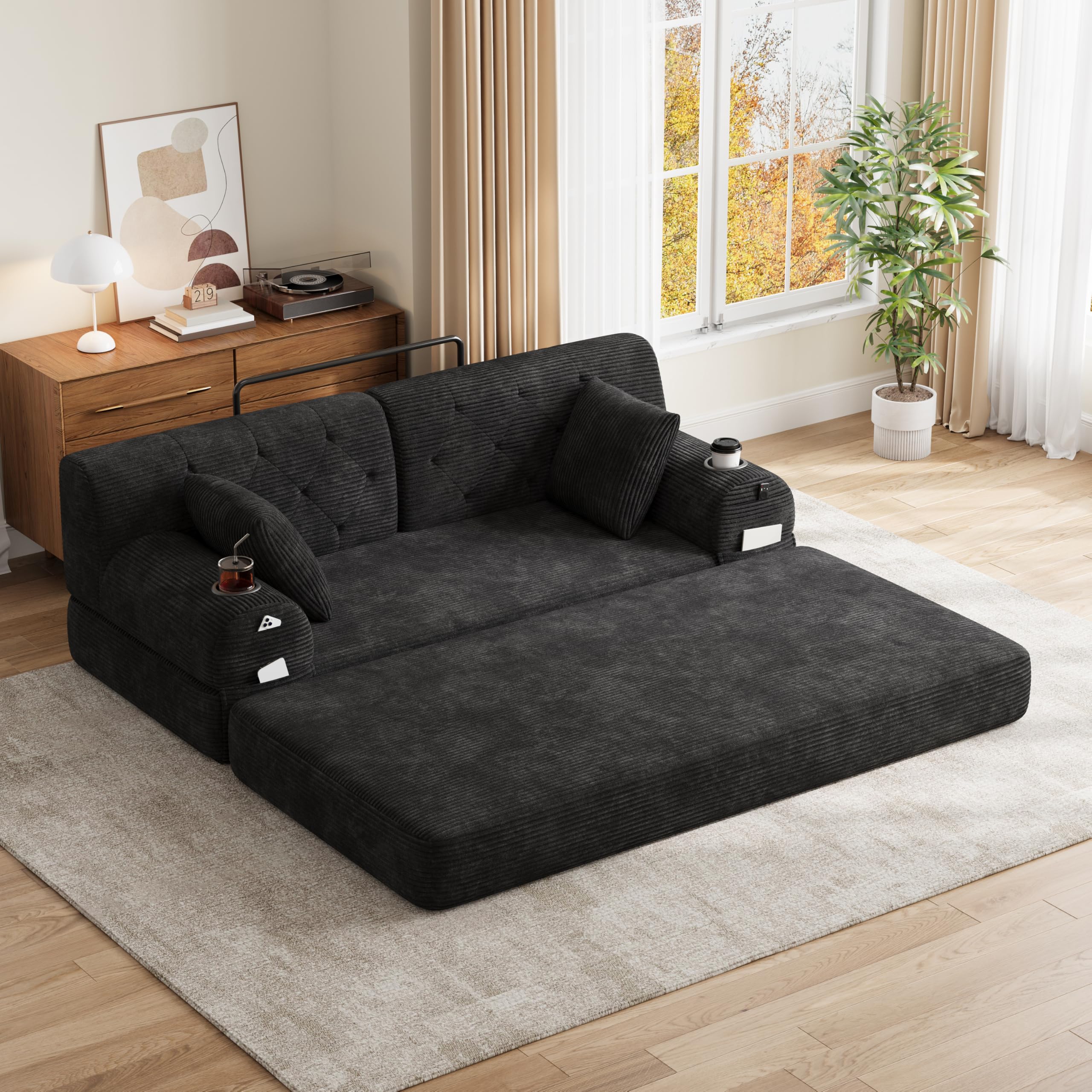 Generisch 2-osobowa sofa z funkcją spania Cord czarna bez montażu do małych pomieszczeń