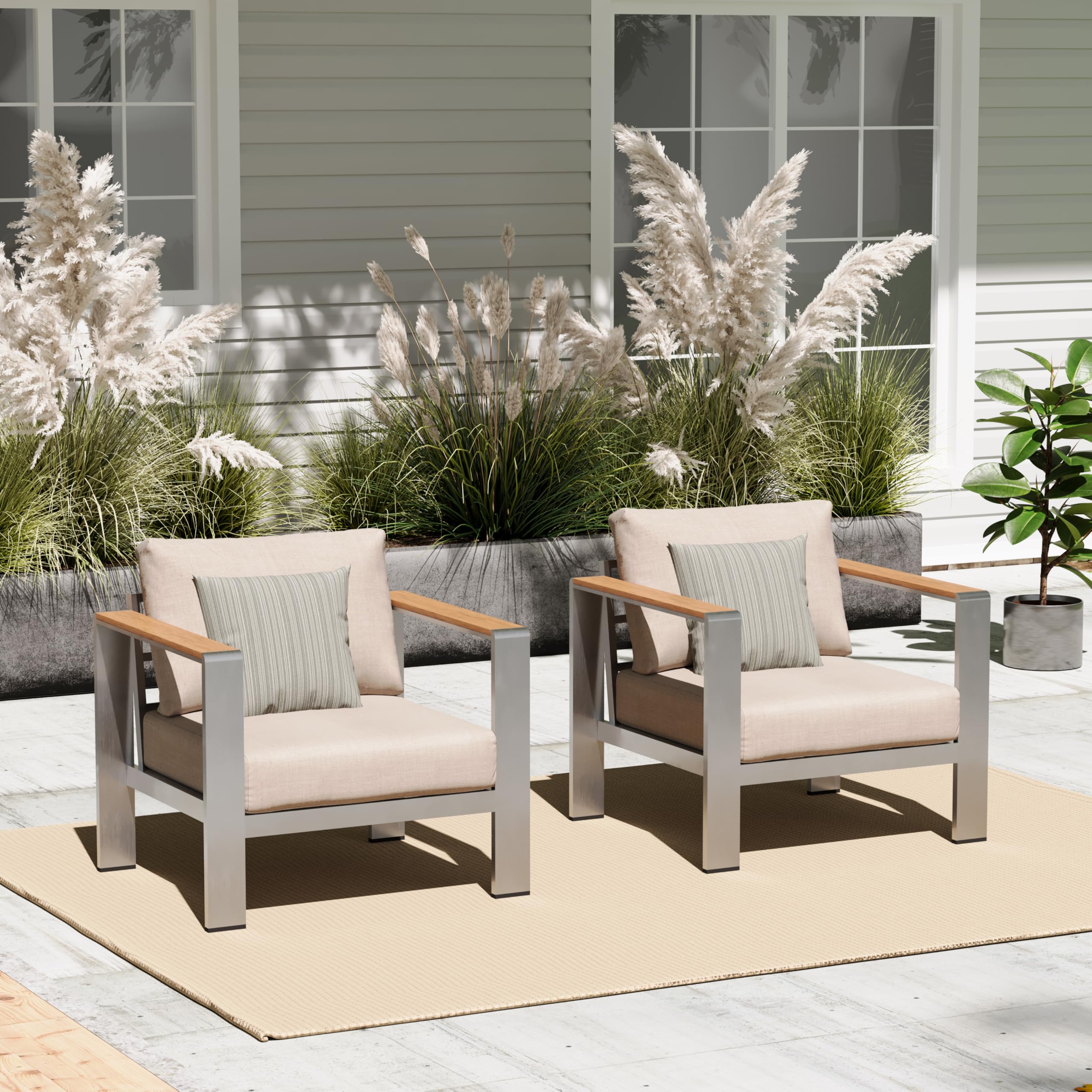 Aluminum Outdoor Patio Furniture Armchair, All-Weather Outdoor Patio Sofa with Washable Thick Cushion, Patio Sofa Couch Set of 2 for Porch, Balcony, Deck, Yard, Silver