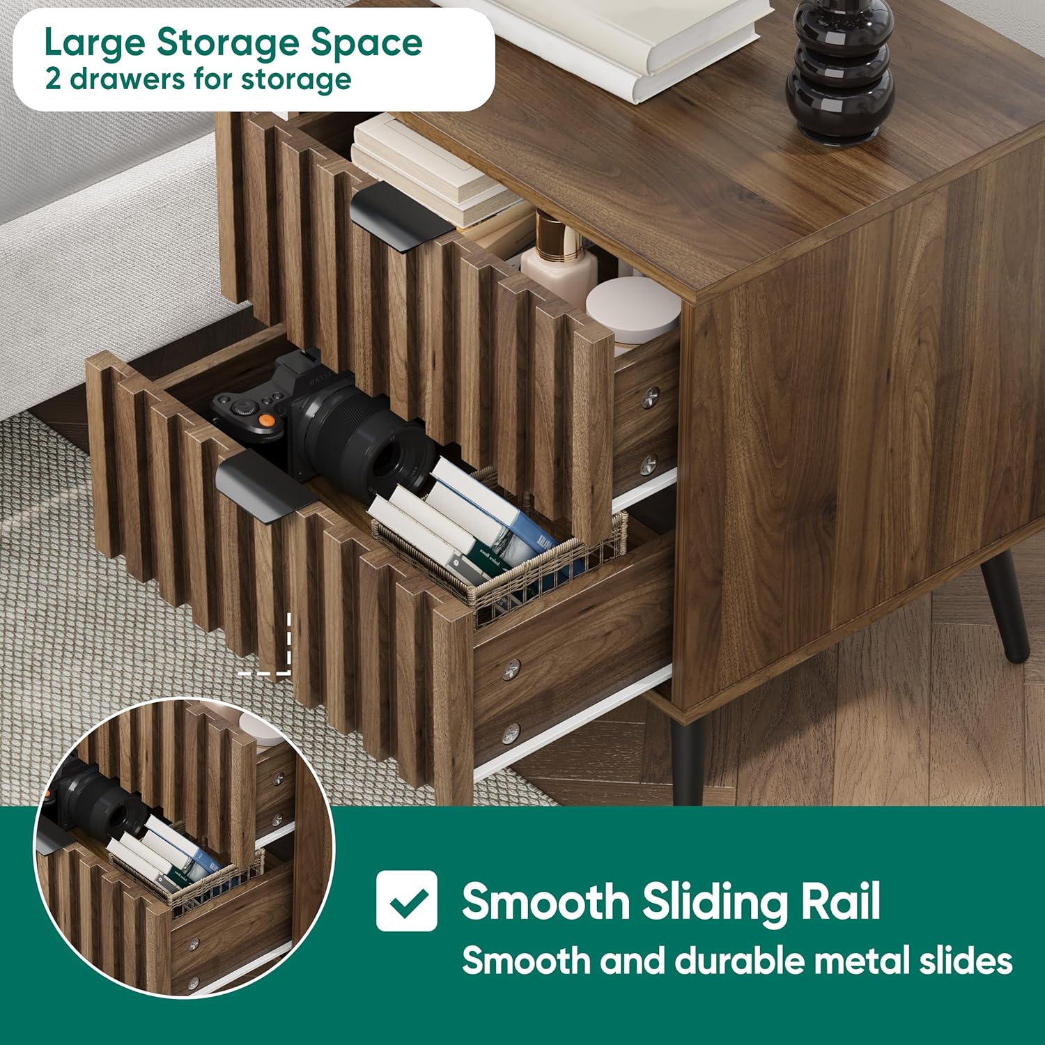 Smuxee Walnut Wooden Night Stand, Mid Century Nightstand with 2 Fluted Drawers, Bedside Table with Open Shelf, Modern End Side Table for Bedroom - Image 4