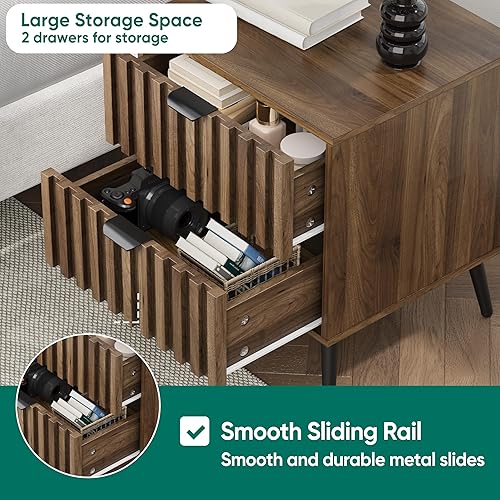 Miniatura 4 de Smuxee Mesita de noche de madera de nogal, mesita de noche de mediados de siglo con 2 cajones acanalados, mesita de noche con estante abierto, mesa