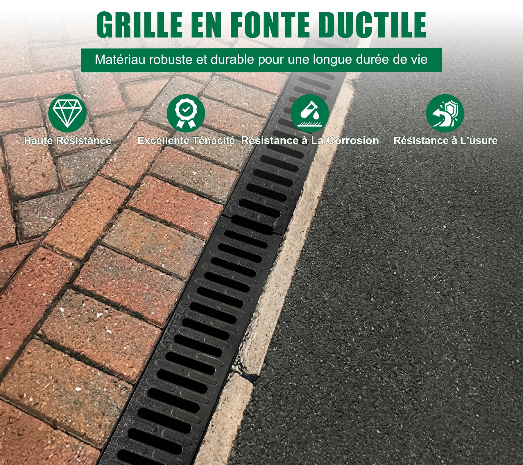 Caniveau extérieur Drainage PEHD 100x100x1000 mm Grille Fonte B125