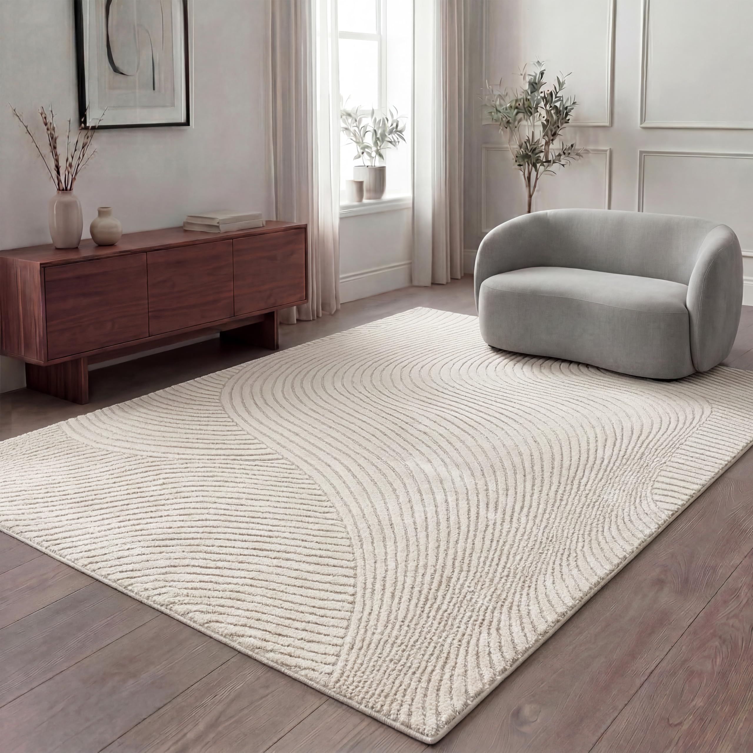 Paco Home Moderna Alfombra de Sala de Pelo Corto escandinavo Japandi Panglao Monocolor Efecto Alto-bajo Motivo Abstracto Pelo Suave Crema, tamaño:160x220 cm
