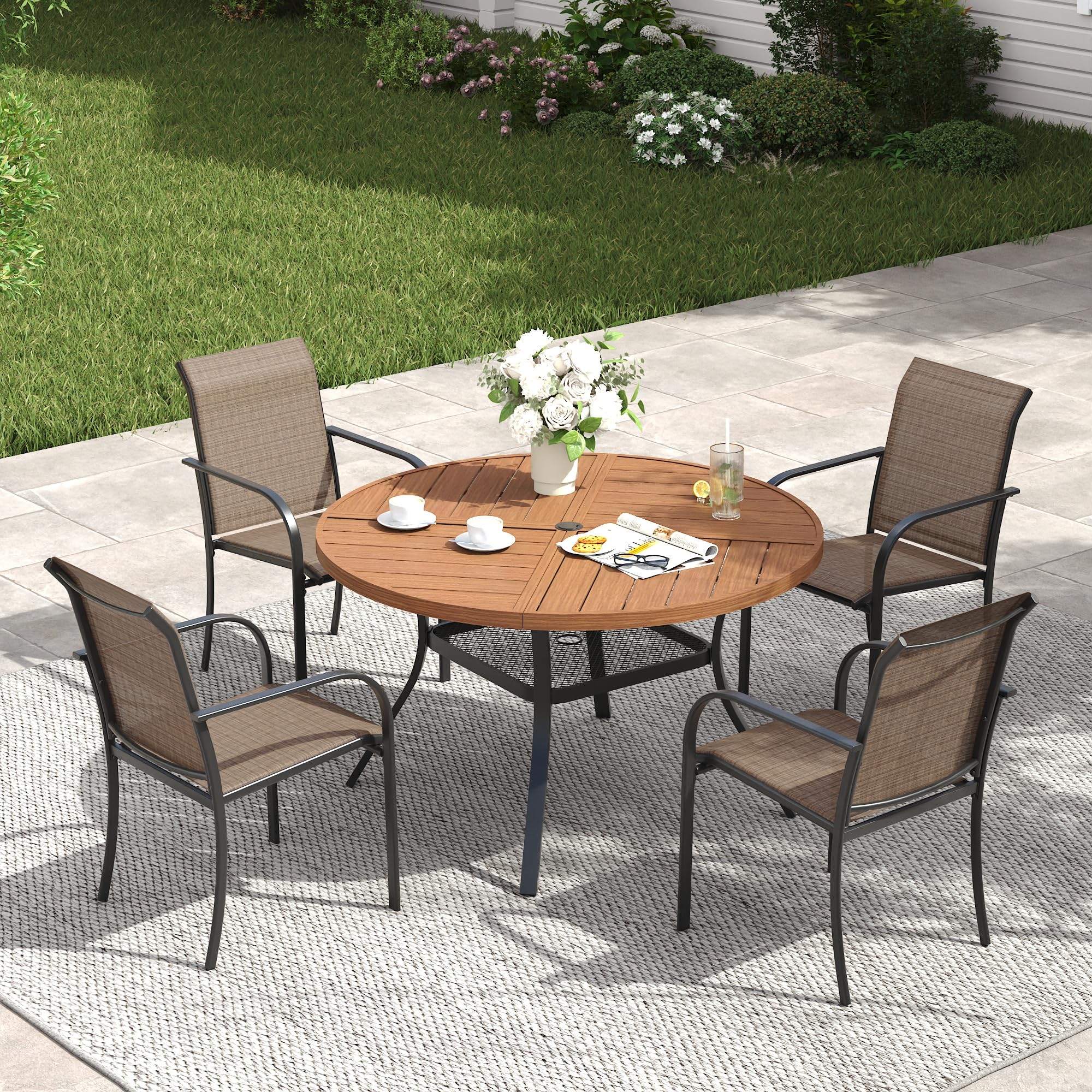 VICLLAX Patio Table and Chair Set of 4, All Weather Metal Round Outdoor Dining Furniture Set-40.6" Round Outdoor Table and Chairs, Walnut Wood Grain Tabletop