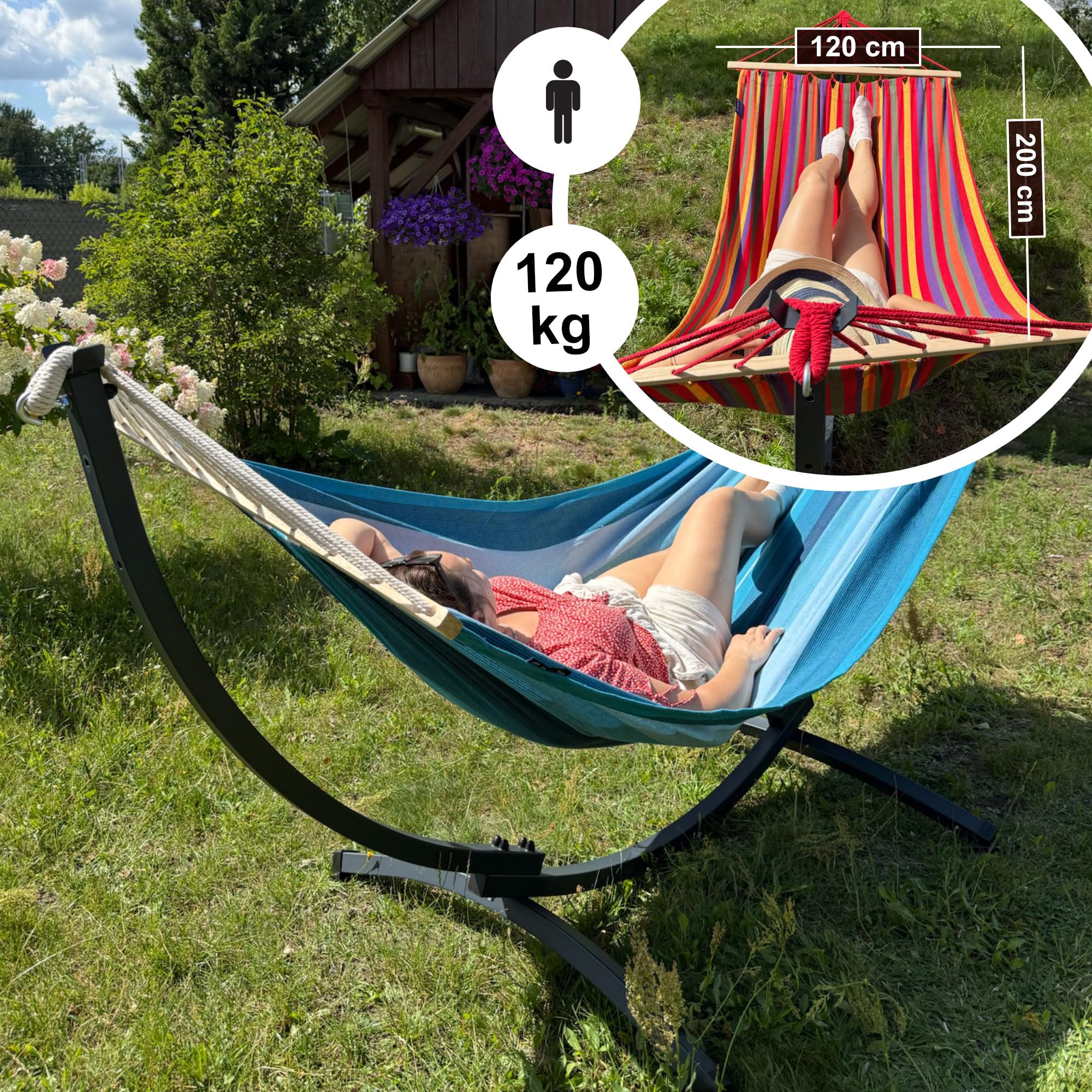 Potenza Hngematte mit Gestell I Stabiler Rahmen 200kg - 250cm Balkon I  Hngematte 200x120cm I Indoor Outdoor Garten Pool Terrasse Stahl (Basic  Gestell Graphit, Balu - Stabhngematte) : Amazon.de: Garten