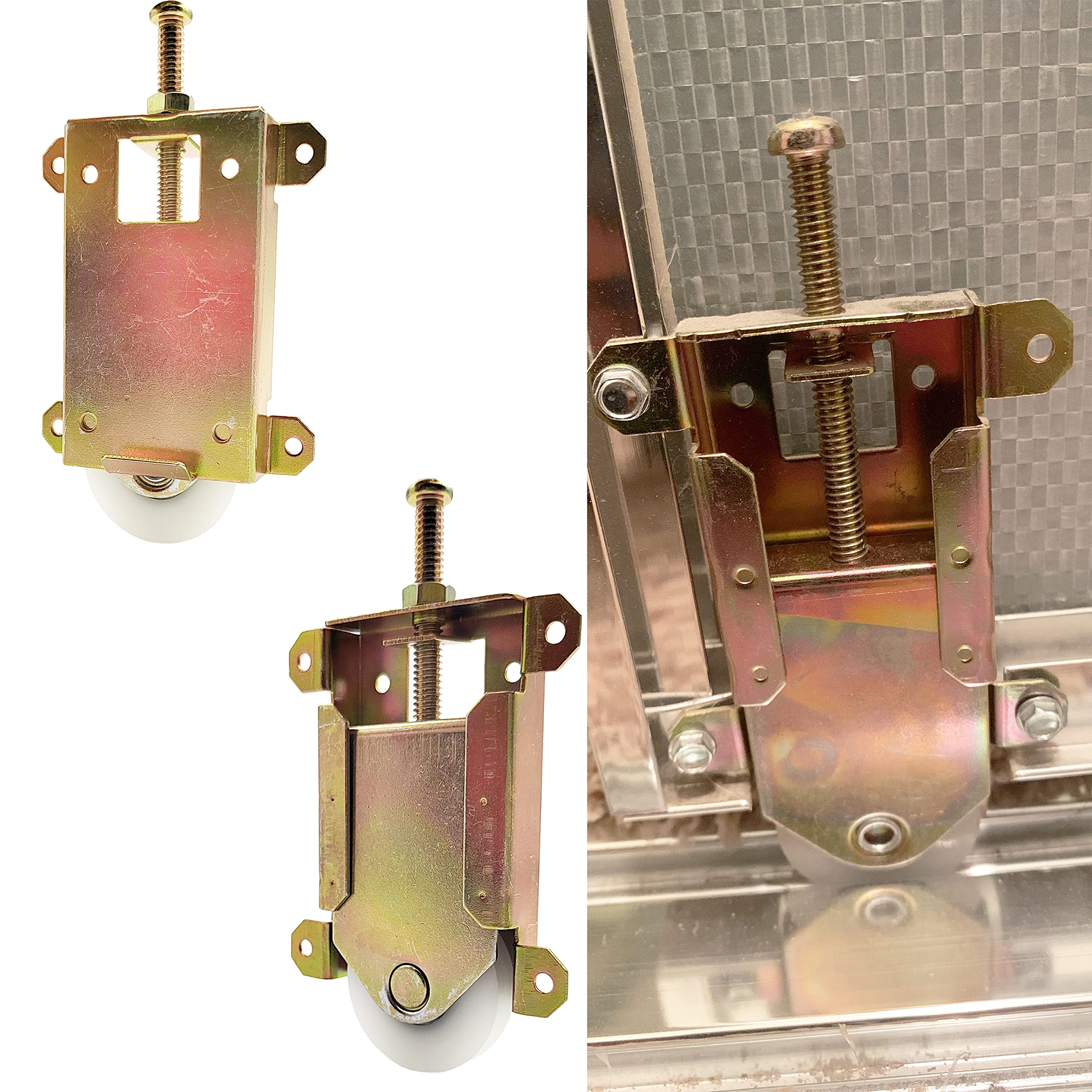 Sliding Mirror Door Rollers Assembly Fit Contractors Part #W8020C, 1-1/2" Nylon Concaved Wheels, 2-1/2" Hole Centers, Top Adjustable, Yellow Zinc Plated, 2 Pack