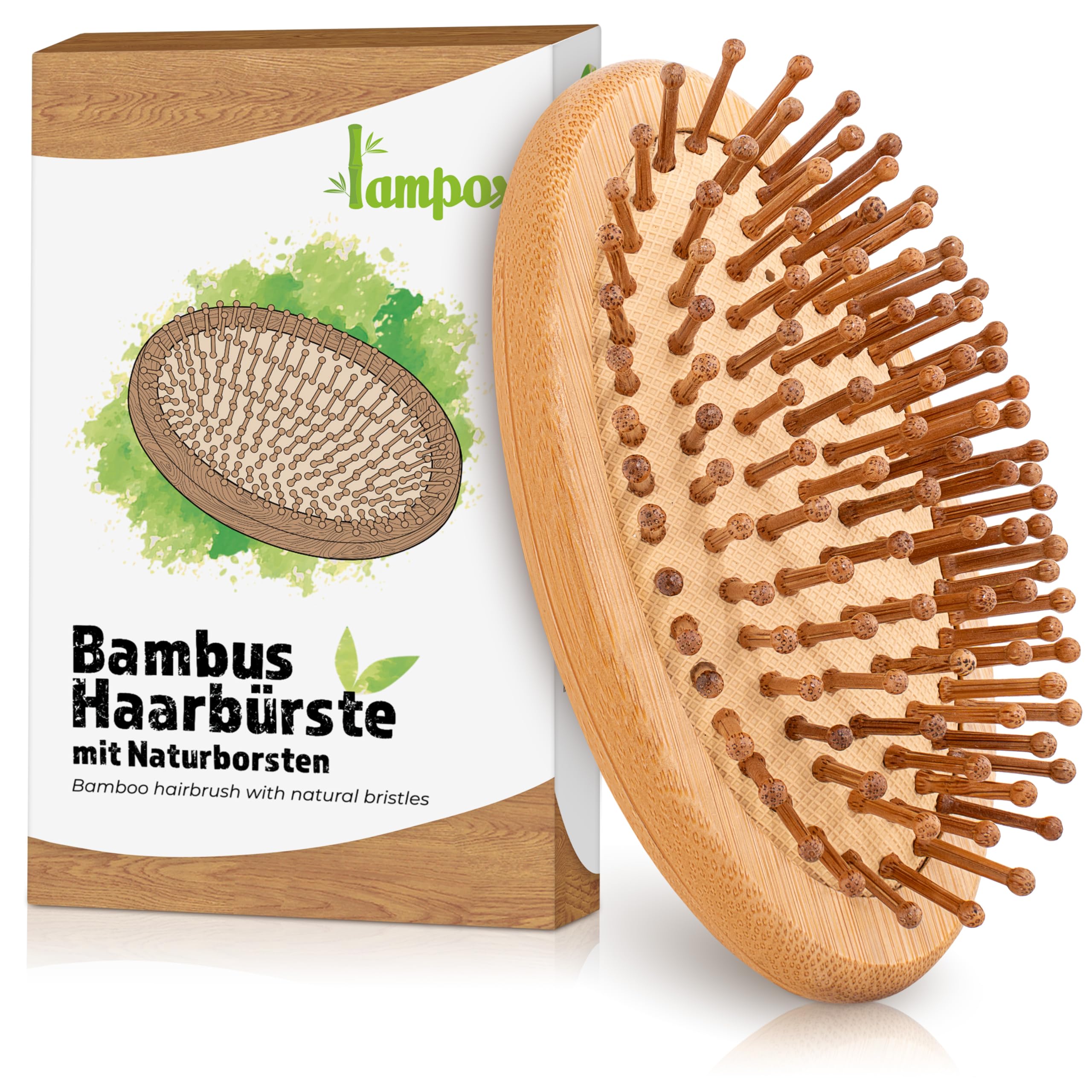 lampox - Haarbürste mit Naturpins, Holzhaarbürste, Holzmassagekamm, Bürstenkamm, Kopfhautbürste, kompakt