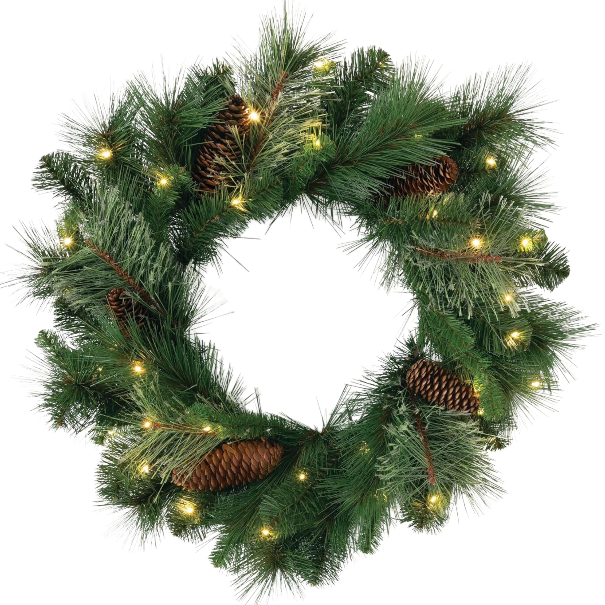 Sullivans Prelit Christmas Wreath, 24" Christmas Decor, Christmas Door Wreath with Lights, Lighted Pine Christmas Wreath, Christmas Decorations, White Lights, Pinecones, Battery Timer, Holiday Décor