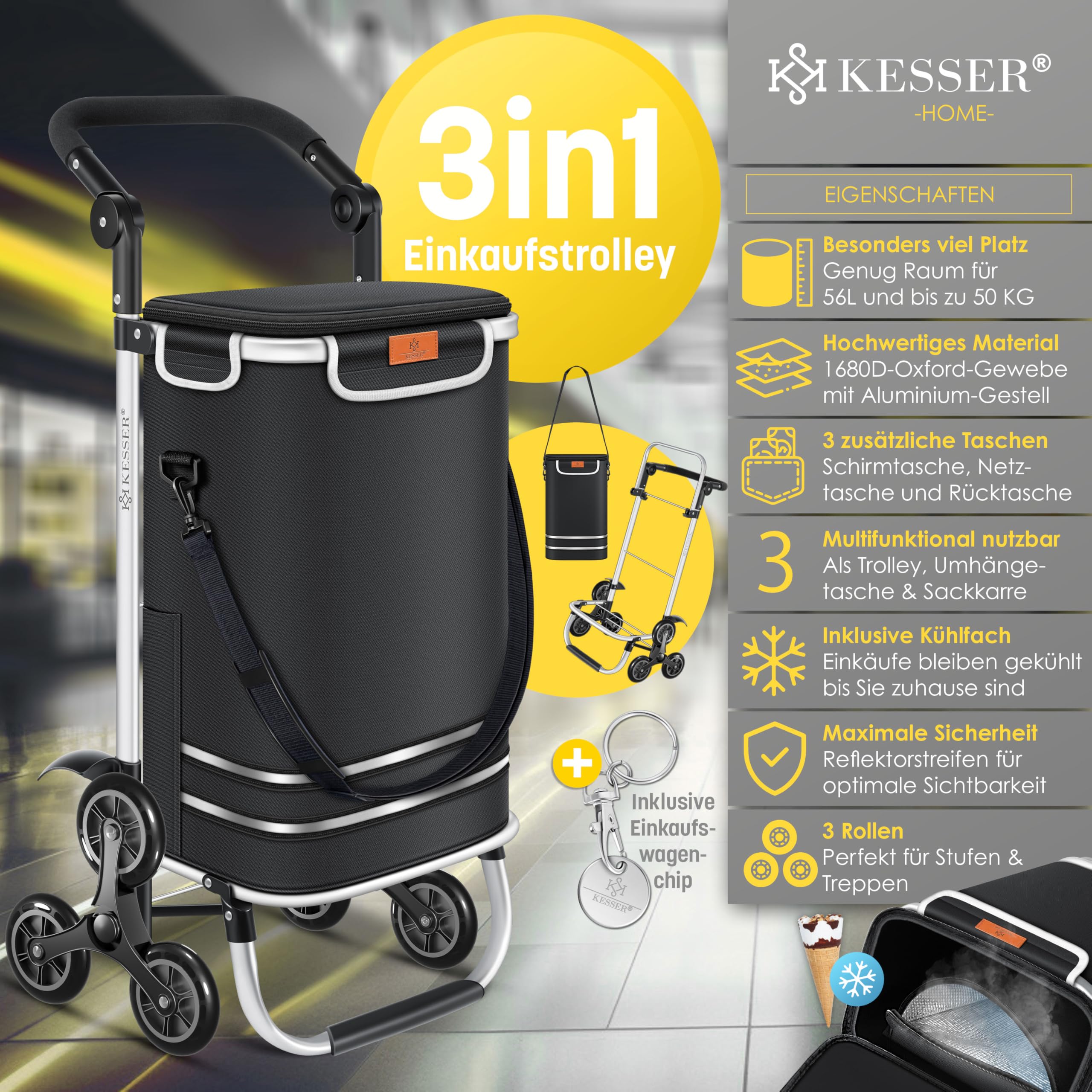 KESSER® Einkaufstrolley Treppensteiger mit Kühlfach klappbar mit 56L Kapazität und belastbar bis 50kg | 3in1 Trolley Sackkarre & Umhängetasche | Faltbarer Einkaufswagen inkl. Einkaufschip, Schwarz