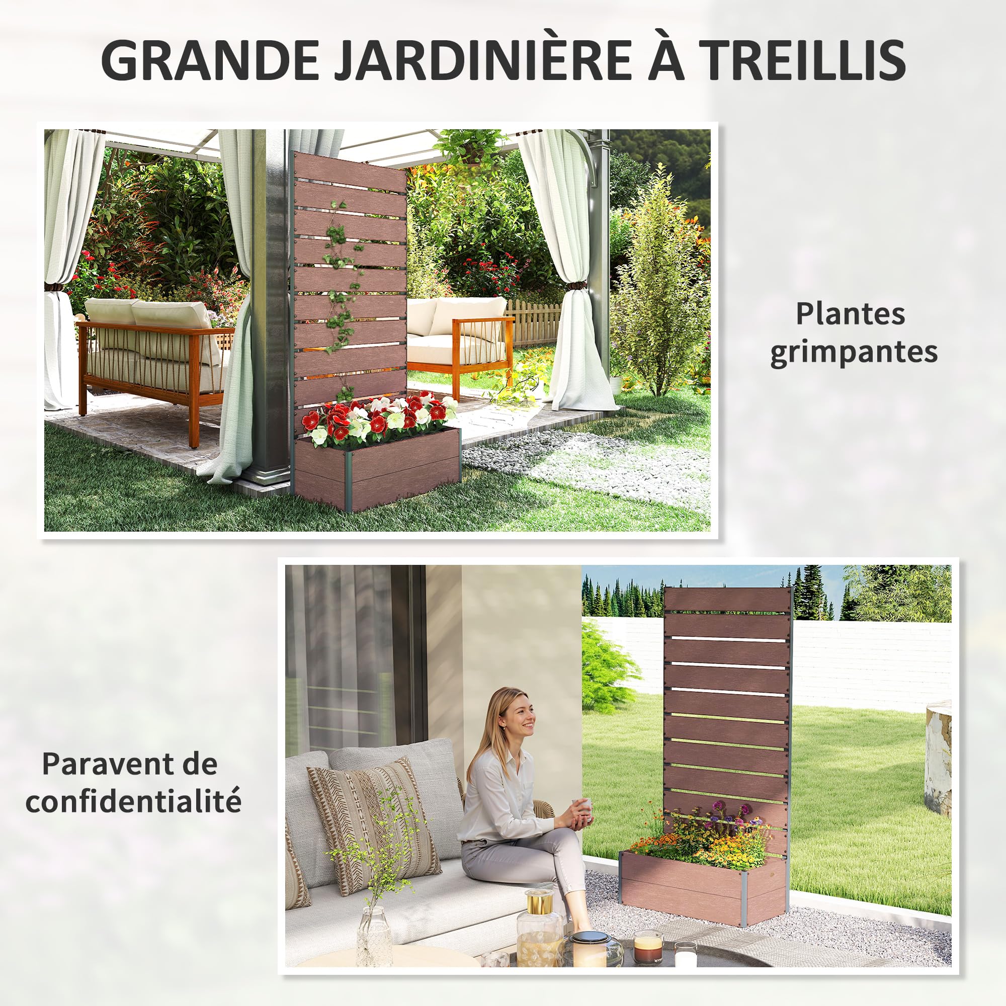 Outsunny Jardinière avec Treillis, lit surélevé de Jardin, jardinière extérieure pour Plantes grimpantes, bac à Fleurs rectangulaire Pot de Plantes pour Balcon terrasse, 72x38x150 cm, Marron Clair