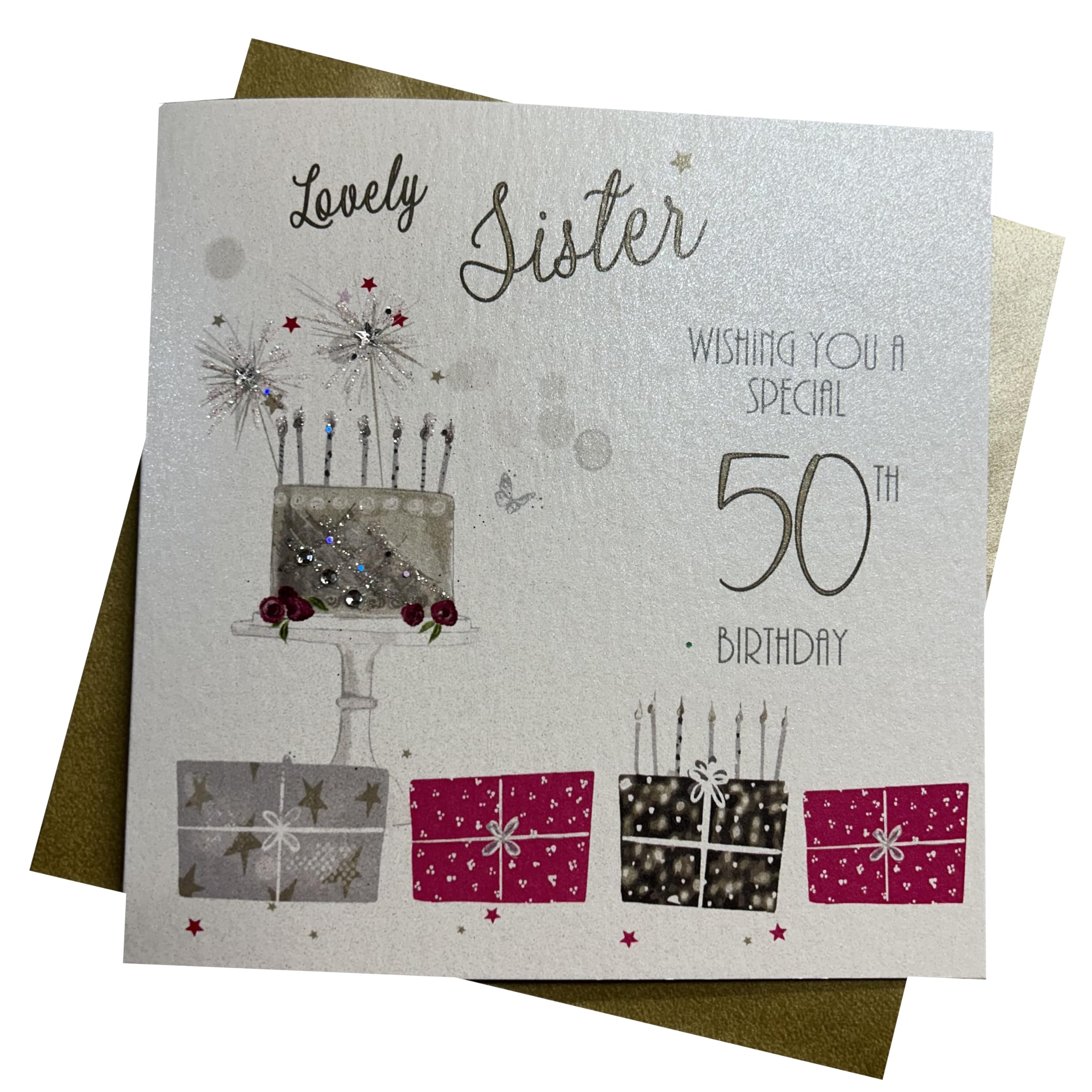 WHITE COTTON CARDS "Pink Present, Lovely Sister 50 Wishing You A Special Birthday Handmade 50th Birthday Card, White, WB190-50