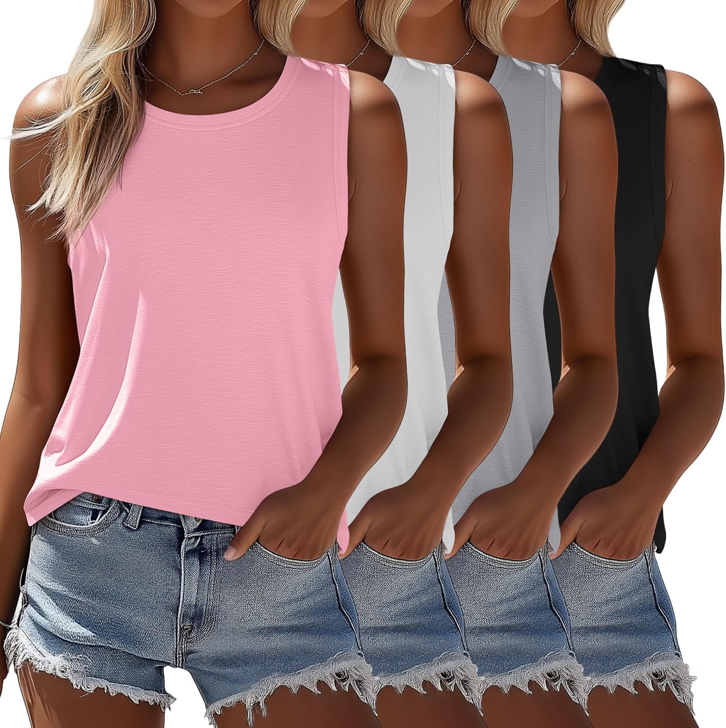Ficerd 4 Pack Women's Sleeveless Tops, Casual Summer Loose Fit T Shirts Solid Color Tunic Tank Tops Ladies' Crew Neck Tee