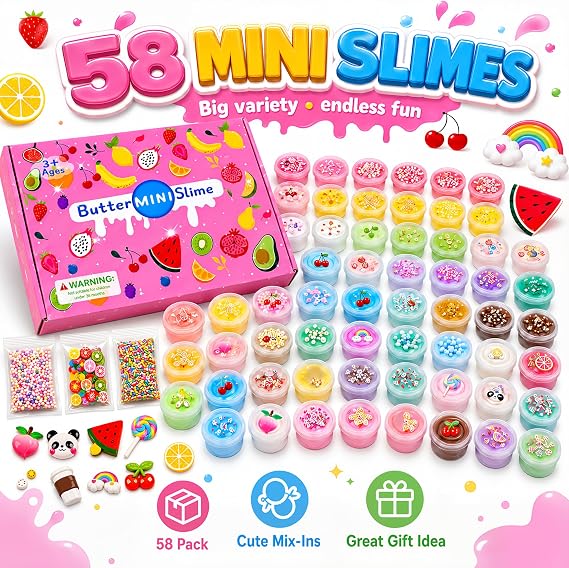 58 Pack Butter Slime Kit,Super Soft and Non-Sticky,DIY Putty,Peach Charms,Stress Relief Toy for Girls and Boys Age 10-12, Slime Toys,Goodie Bag Stuffers for Kids