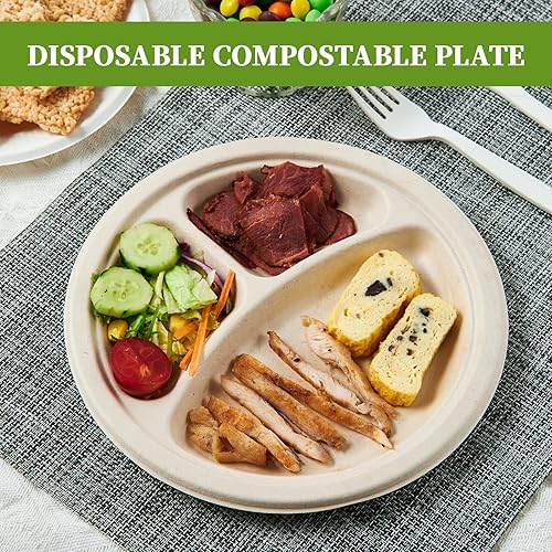 Miniatura 5 de ECOLipak Paquete de 125 platos compostables con 3 compartimentos, platos de papel desechables resistentes de 8.85 pulgadas, platos divididos