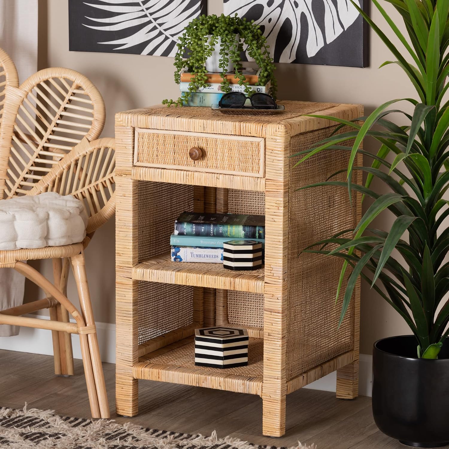 bali & pari Bella Modern Bohemian Natural Mahogany Wood and Natural Rattan 1-Drawer Nightstand