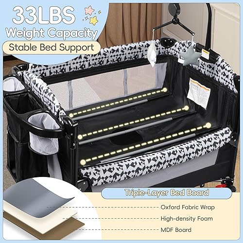 Miniatura 7 de Xilingol Parque de juegos 5 en 1, moisés para bebé con cambiador de pañales junto a la cama, bolsa de almacenamiento y caja de música, cuna portátil