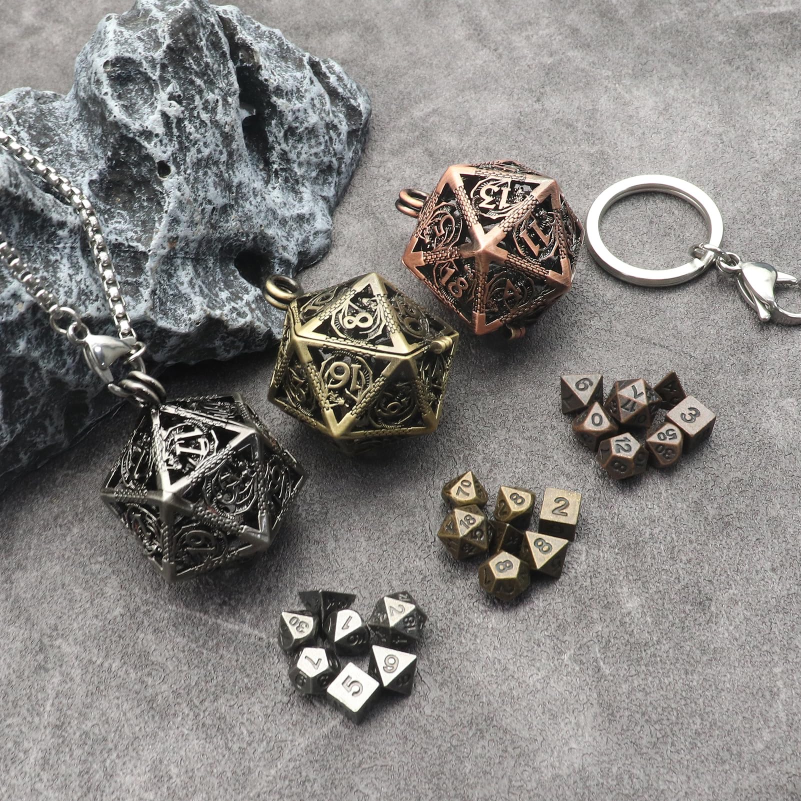 Haxtec Mini Metal D&D Dice Set - Silver Hollow D20 Necklace & Keychain - 7PCS, 6mm - Image 4