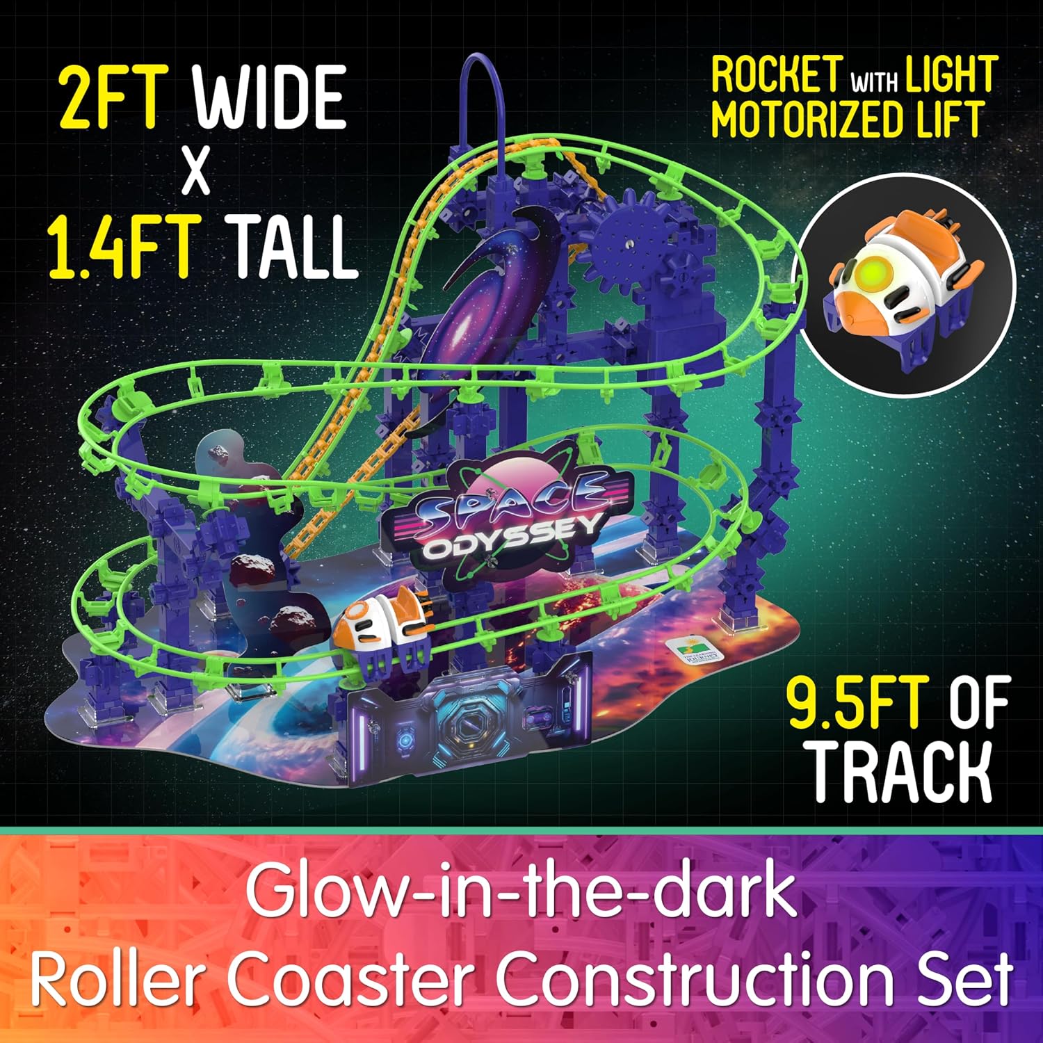 Image showing the Techno Trax Space Odyssey set with callouts for its dimensions (2ft wide x 1.4ft tall), motorized rocket lift, 9.5ft of track, and glow-in-the-dark feature.