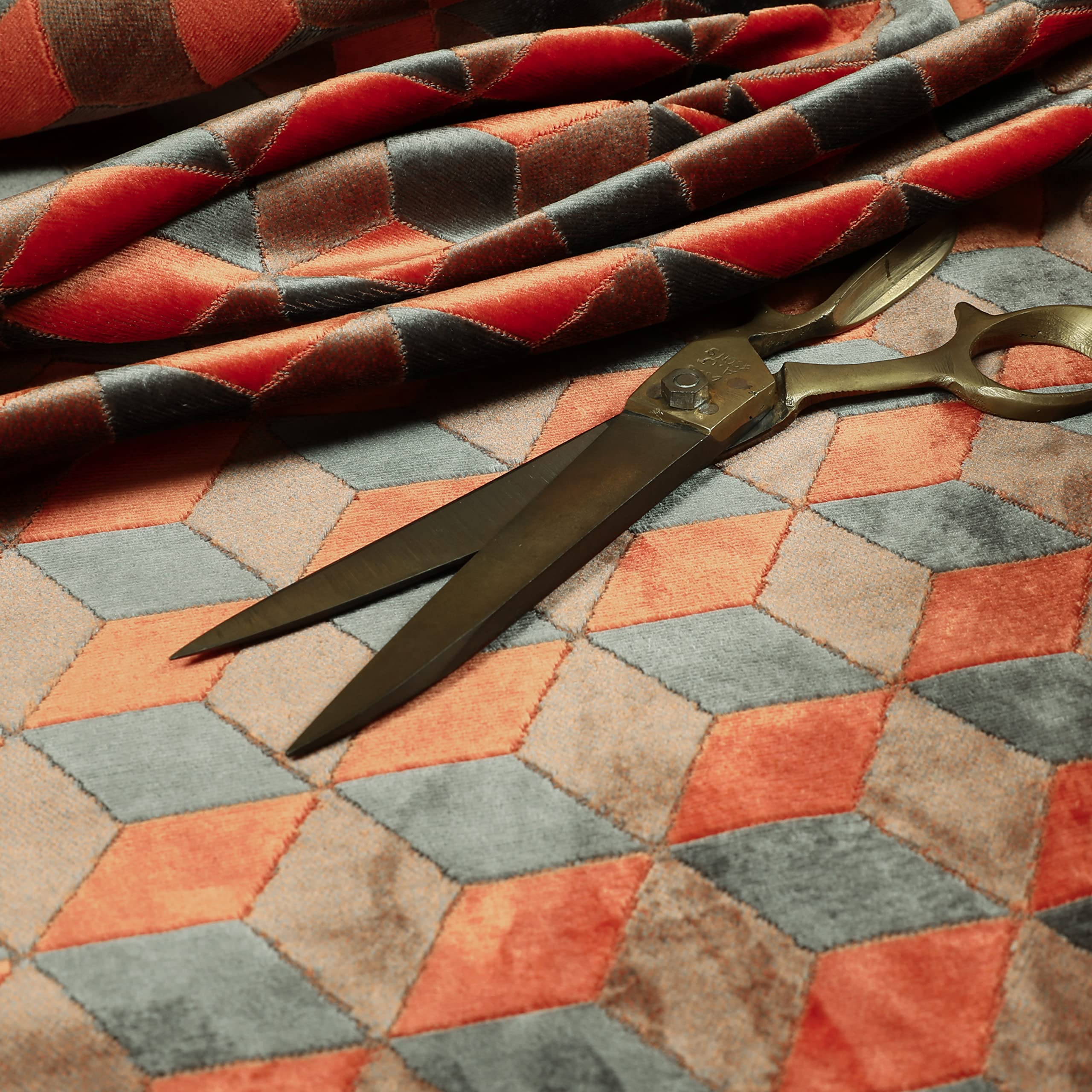 Redbrick Mill Fabrics Flame Retardant Geometric 3D Cube Pattern Orange Grey Velvet Upholstery Fabric by The Metre (Per Metre) โ image 1