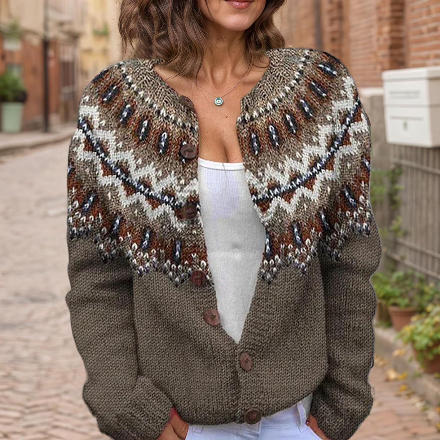 Women's Fair Isle Pattern Knit Cardigan Sweater Vintage Button Down Open Front Jacket Coat for Fall & Winter 2025 - Image 2