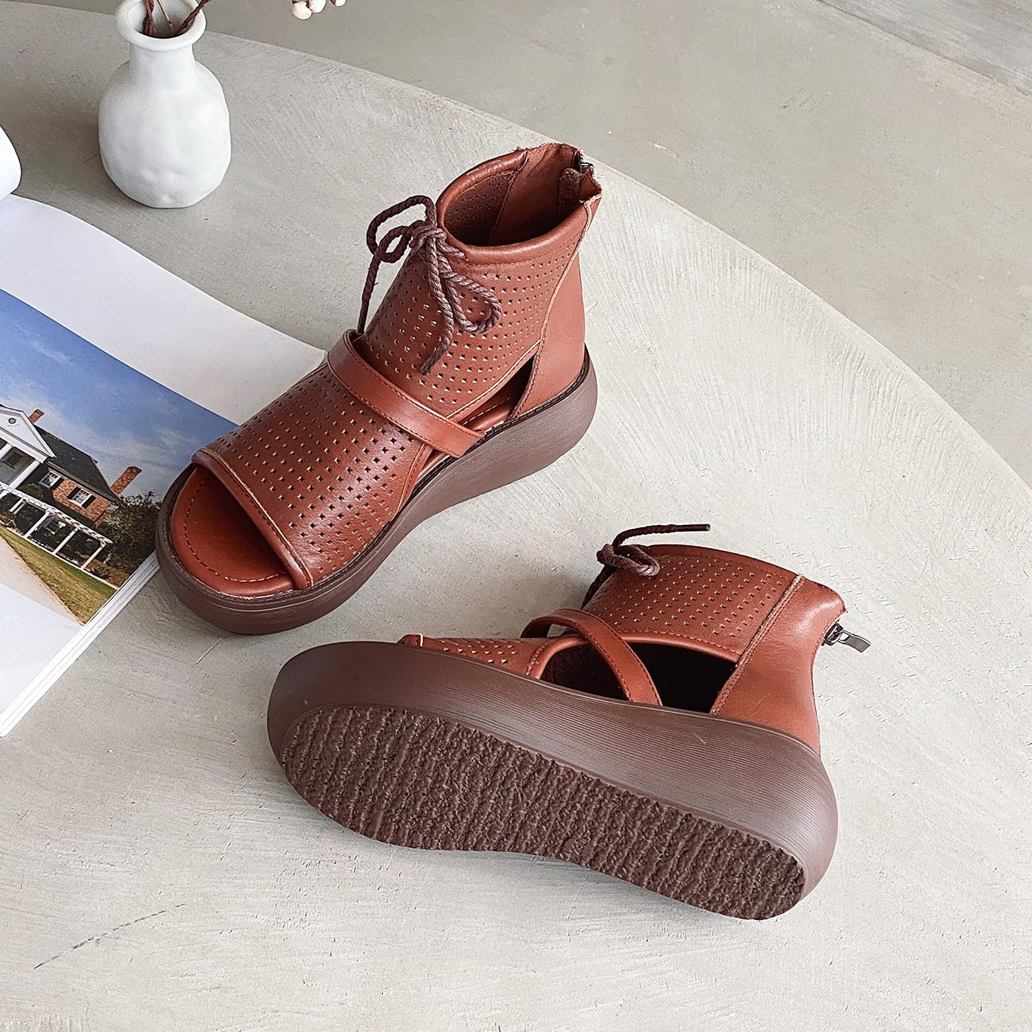Women High Top Boot Sandals Open Toe Cutout Leather Sandals for Women - Image 3