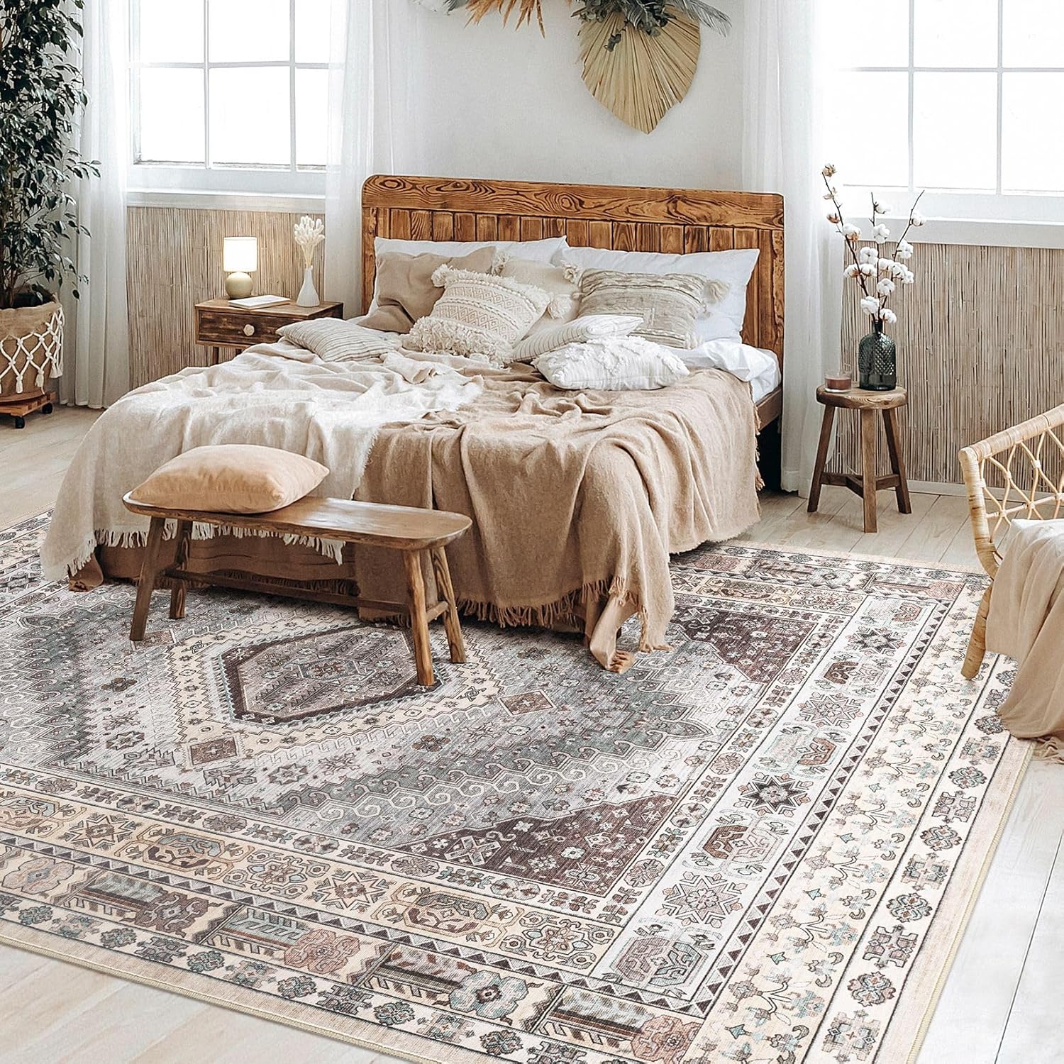 9x12 Rugs for Living Room: Washable Boho Large Neutral Vintage Soft Area Rug Indoor Stain Resistant Non-Slip Carpet for Bedroom Dining Room Playroom Office Home Decor- Brown Grey
