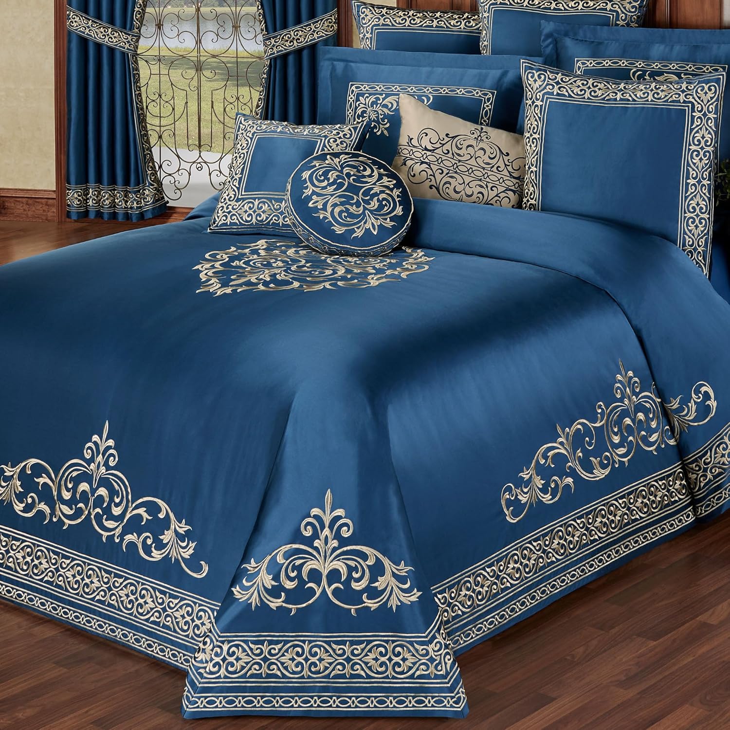 Buckingham Luxury Bedding | Sapphire Blue | Palace-Inspired Golden Scrollwork Embroidery | 10 Pc Set includes Queen Bedspread, 2 Std Shams, 2 Euro Shams, 2 Euro Pillow Inserts and 3 Decorative Pillows