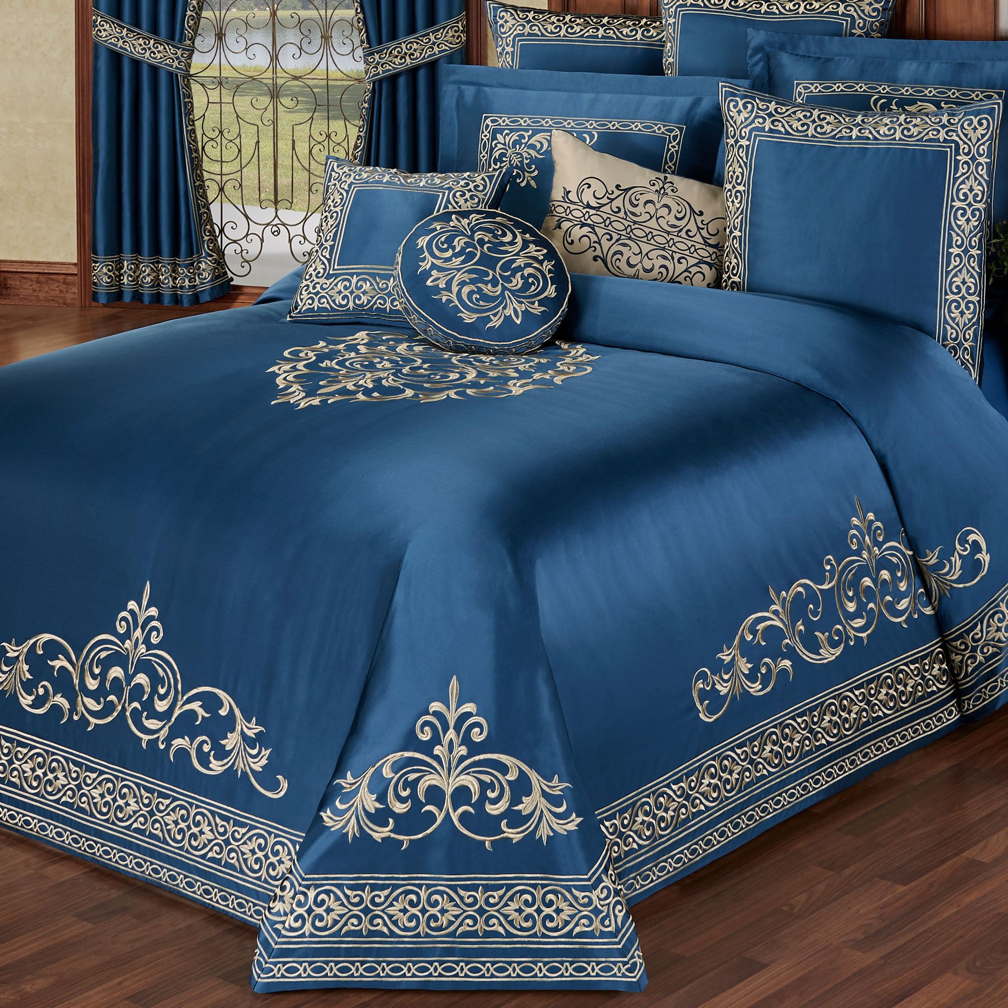 Touch of Class Buckingham Luxury Bedding | Royal Sapphire Blue | Palace-Inspired Elegant Golden Scrollwork Embroidery on Sateen | 6 Piece Set: Queen