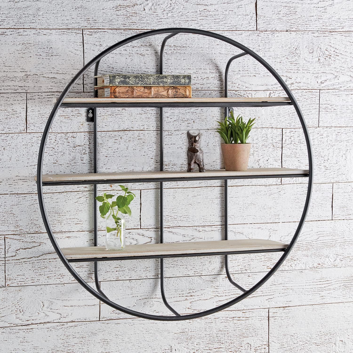 47th & Main Modern Iron & Wood 3-Tiered Round Wall Shelf, 28" Diameter, Black