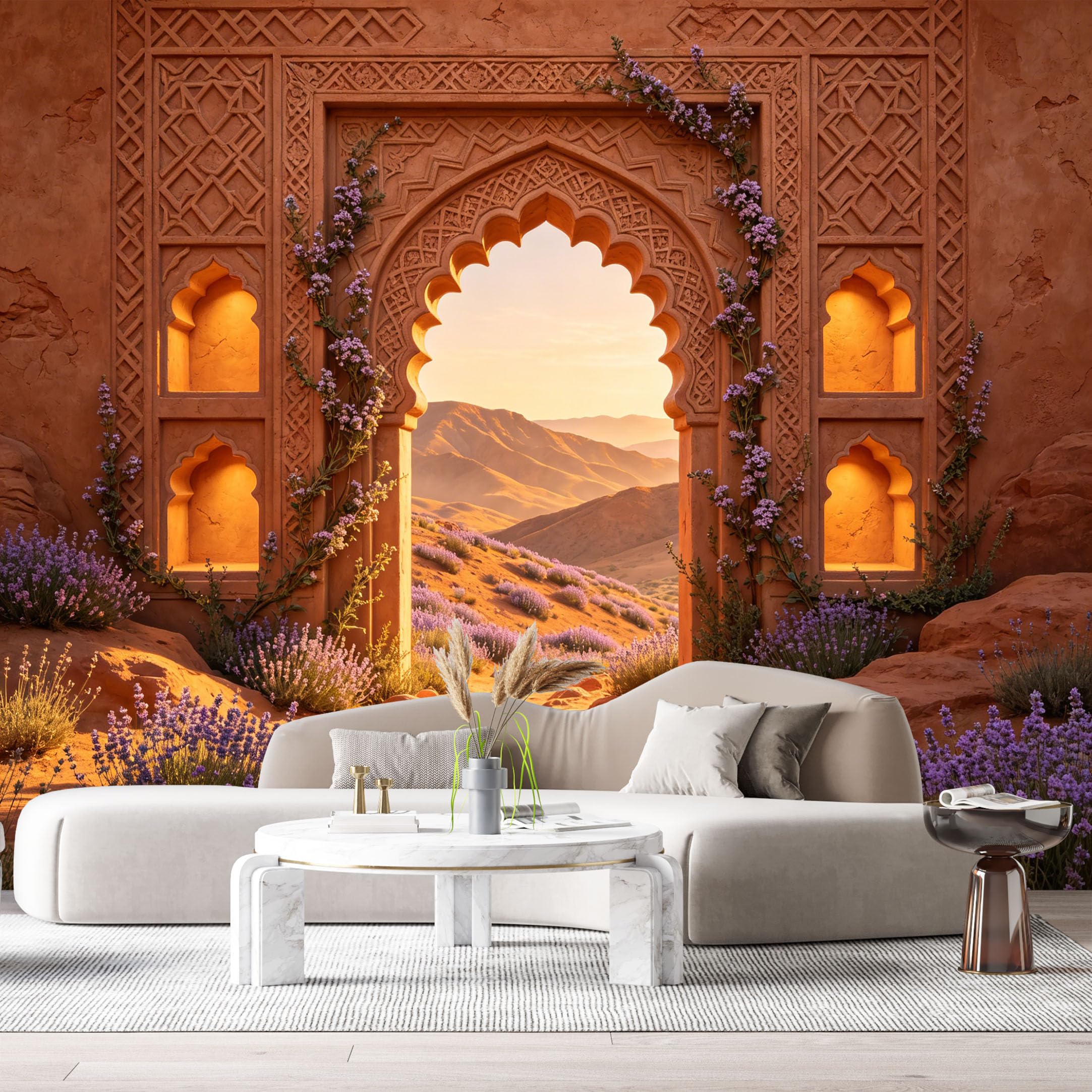 Custom Size Wall Murals Desert Landscape Geometric Archway Sunset Golden Light 3D Trompe L'Oeil SelfAdhesiveWall Fabric Removable Wallpaper Wall Decor for Living Room Bedroom Bathroom