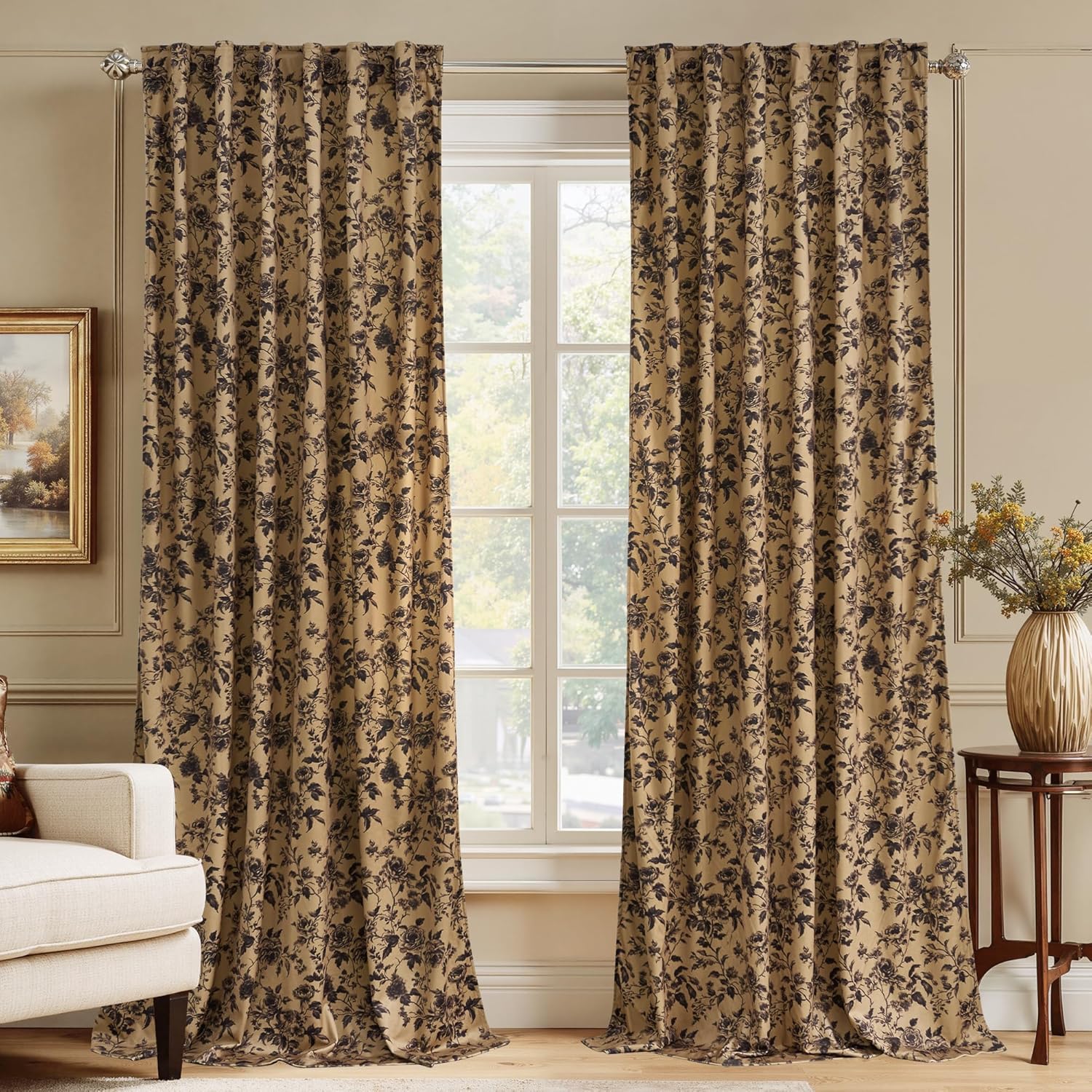 RYB HOME Vintage Country Cream Floral Velvet Curtains, Printed Flower Design Home Decoration Soft Vertical Drapes for Bedroom Living Room Dining Room, W50 x L84 inches, 2 Panels
