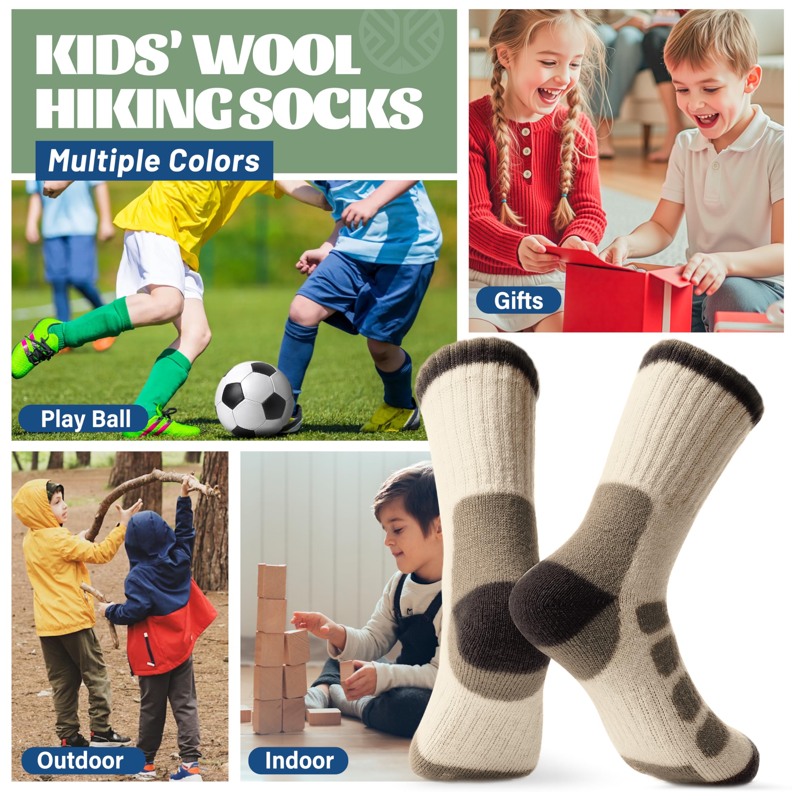 MOSEY KOSY 6 Paires Chaussettes Enfant Laine Mérino pour Marche Garçons Filles Tout-Petits Hiver Thermiques Épaisses Chaudes Rembourrées Chaussettes Crew pour Randonnée