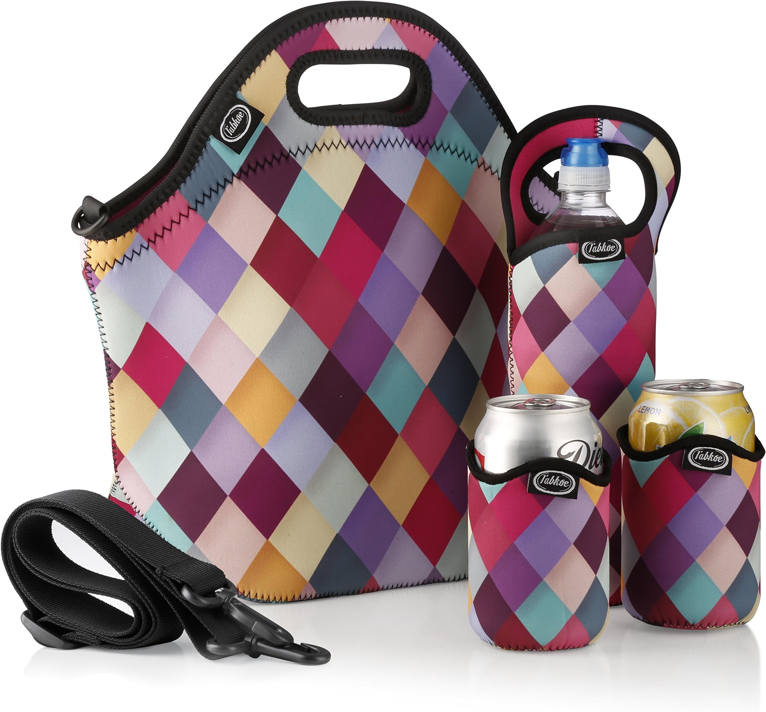 Tabkoe Insulated Neoprene Lunch Bag Set with Tote, Bottle Sleeve, 2 Can Insulators & Adjustable Crossbody Shoulder Strap | Washable, Reusable, Stretchy, Extra Large Travel Lunch box (Diamond Colorful)