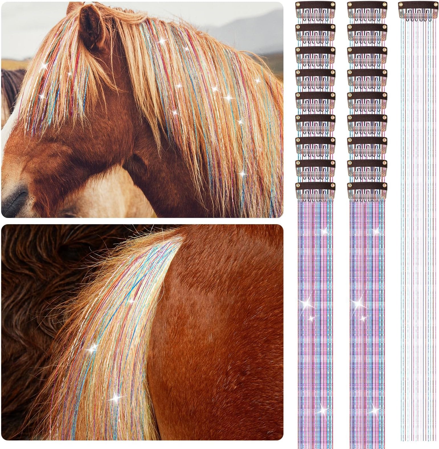 Juexica 18 Pcs Horse Accessory Clip in Hair Extensions for Mane and Tail Tack Stuff Pony Hair Tinsel for Halloween Western Bride Horse Lover and Girls Birthday(Multicolor)