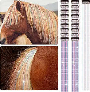 Juexica 18 Pcs Horse Accessory Clip in Hair Extensions for Mane and Tail Tack Horse Stuff Pony Hair Tinsel for Real Horses Western Bride Horse Lover and Girls Birthday (Multicolor)