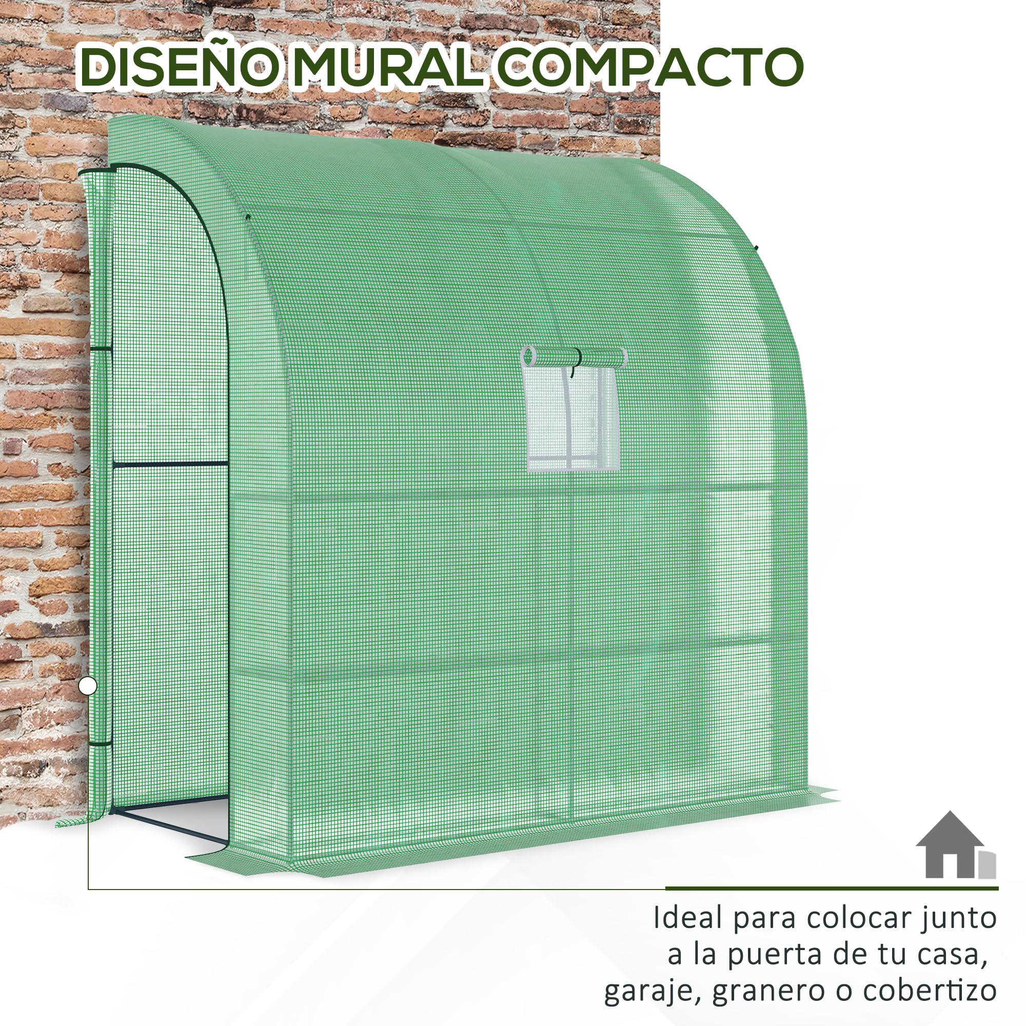 Outsunny Invernadero Pequeño de Pared Invernadero de Exterior con 2 Puertas Ventanas Estantes de 3 Niveles Marco de Acero y Cubierta de PE 140g/m² para Cultivar Plantas Flores 200x100x215 cm Verde
