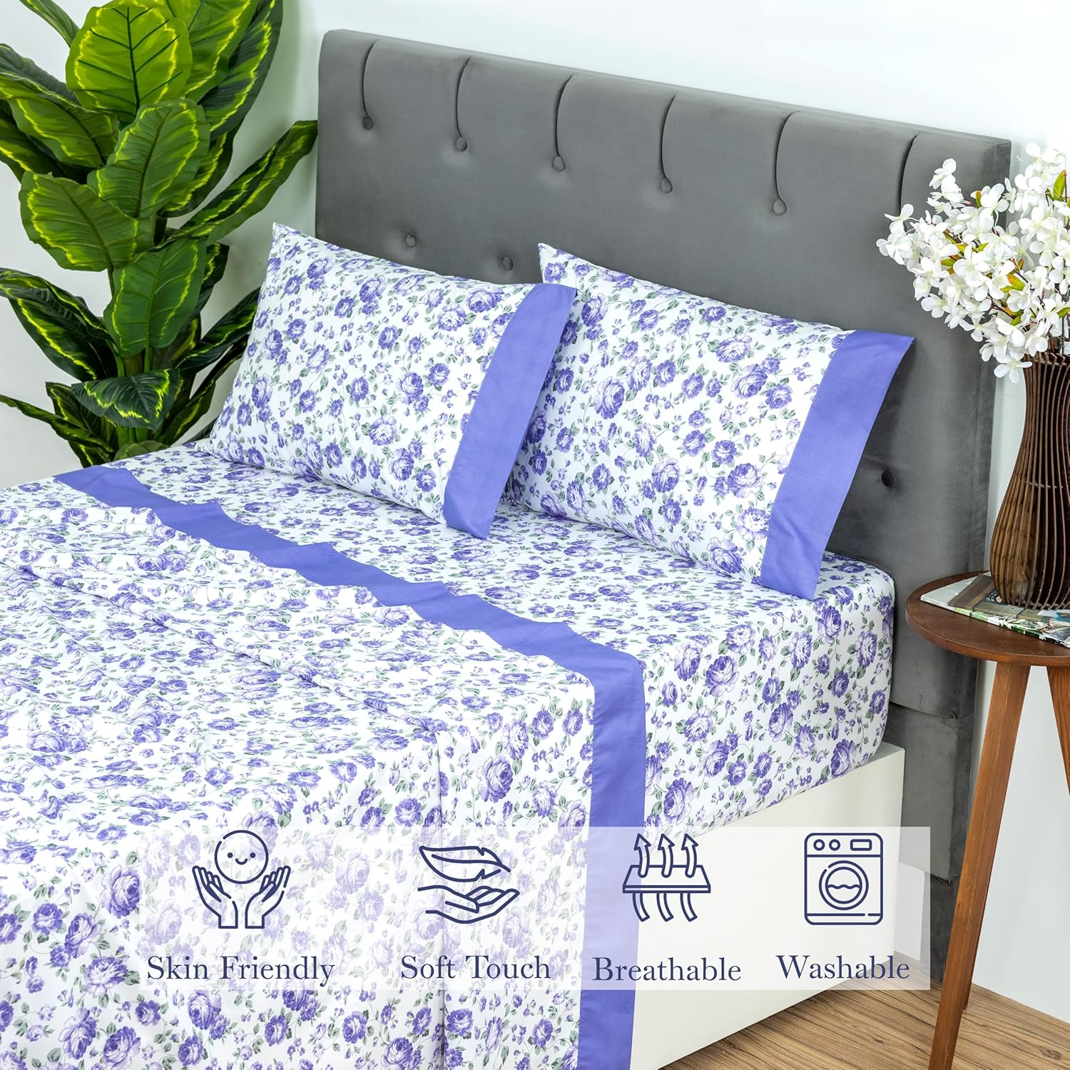 Dreamology Sheet Set - 4 Piece Ultra-Soft Microfiber Bed Sheets with Flat Sheet, 16 Inches Deep Pocket Fitted Sheet & Pillowcases, Breathable, Bedroom Decor (Purple Blossom, Full) - Image 7