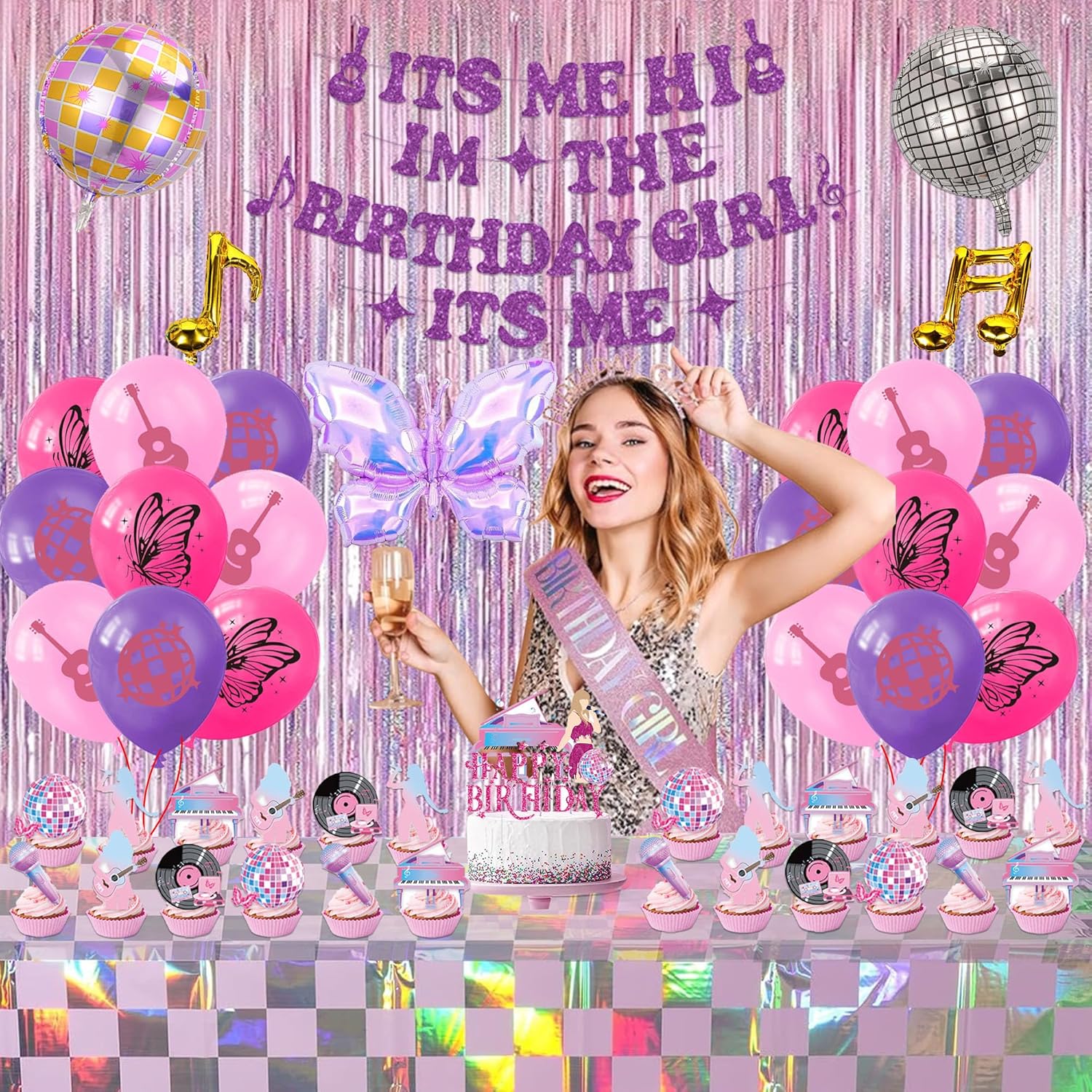 Pink Purple Music Theme Birthday Party Decorations, Its Me Hi Im The Birthday Girl Its Me Party Banner, Disco Cake Topper Sash Tablecloth for Girls Party Supplies