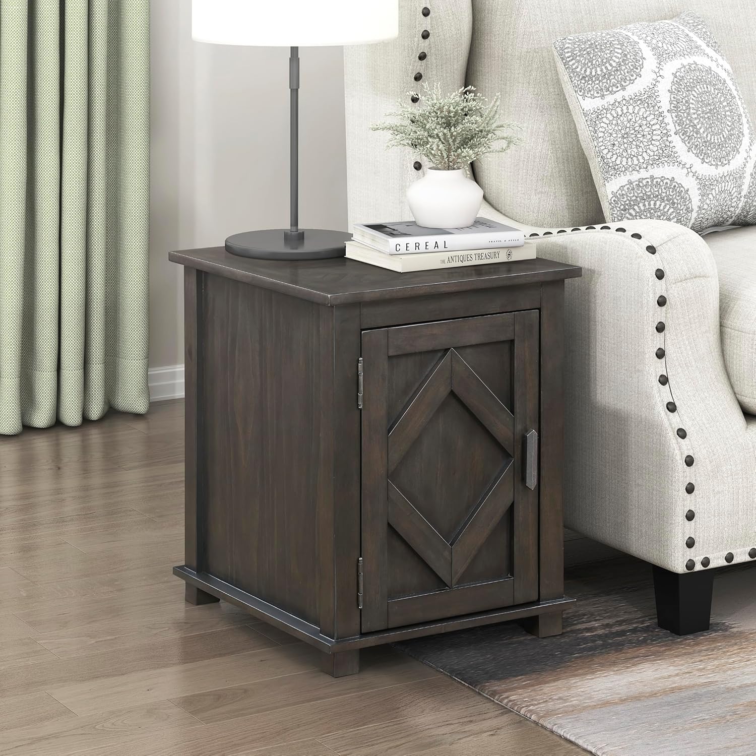 Lexicon Rectangle Wood Chairside End Table with One Door Cabinet Storage and Adjustable Shelf, Pine Wood Veneer Side Table for Contemporary Living Room, Easy Assembly, Brown
