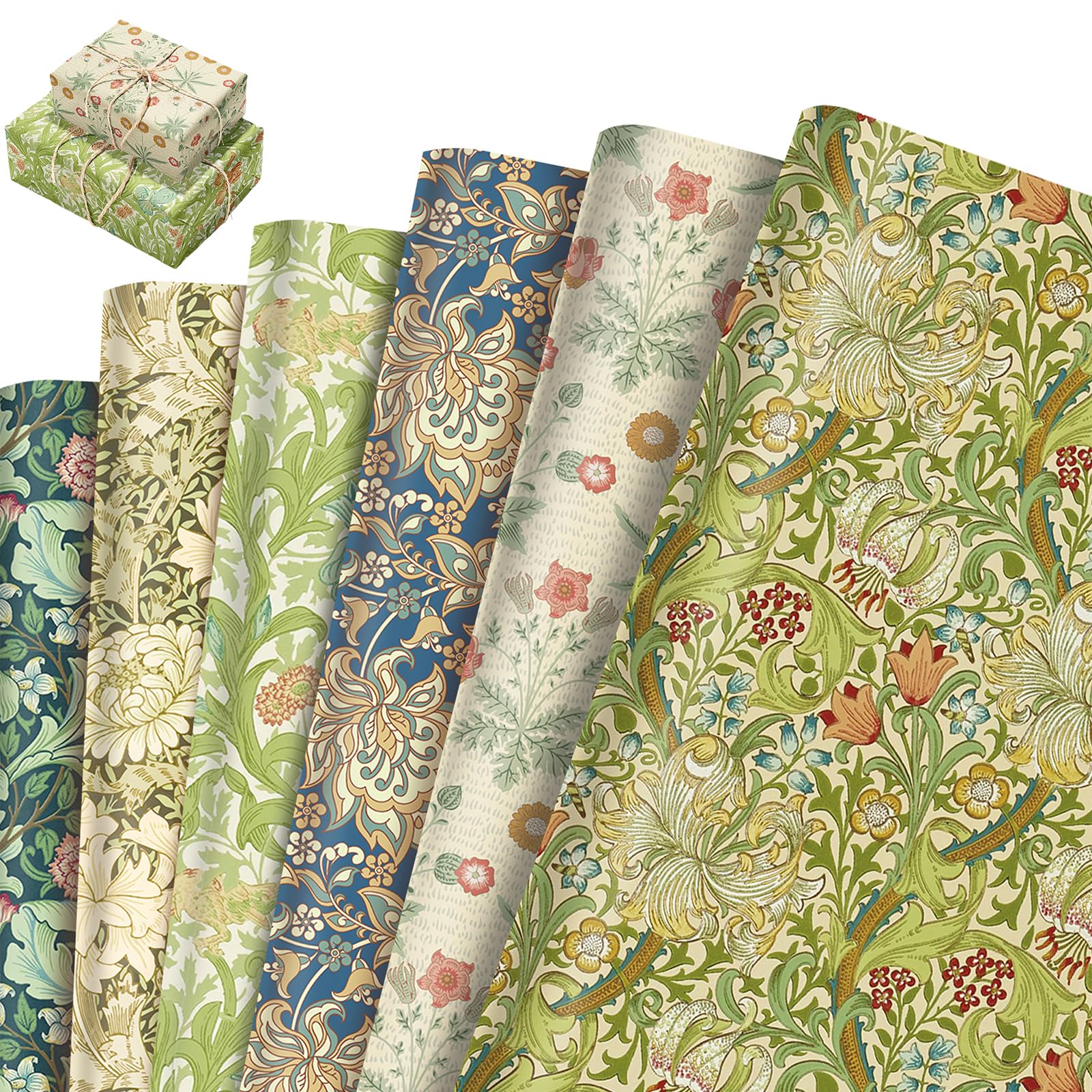 12 Sheets Floral Birthday Gift Wrapping Paper, Floral Wrapping Paper Retro Greenery Gift Wrap for Women Girls, Vintage Green Vines Flowers Decorative Art Paper for DIY Birthday Bridal Shower Wedding
