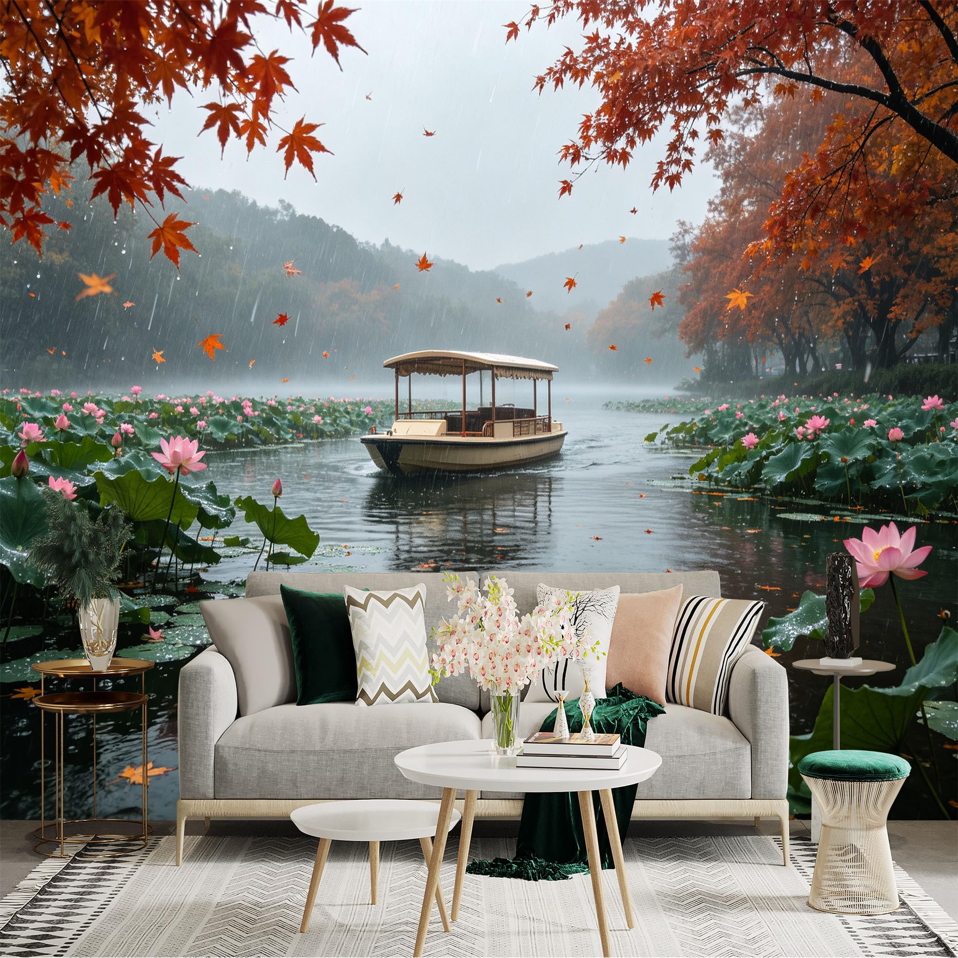Custom Size Wall Sticker Mural， Rainy Lake with Wooden Boat， Autumn Maple Leaves， Pink Lotus Flowers， Serene Nature Scenery， for wall Decoration， peelandstick wall Decals.