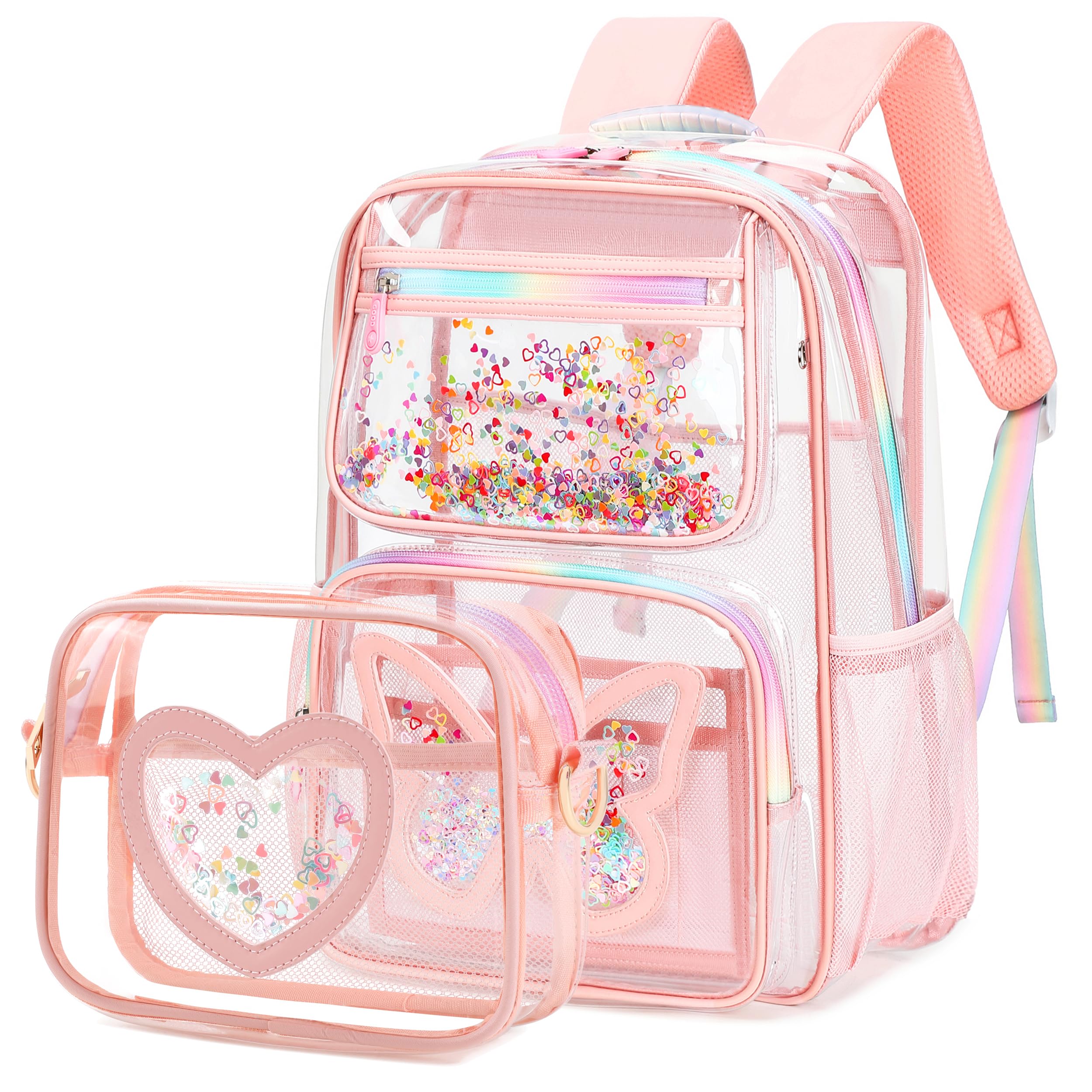 KIDNUO Clear Backpack for Girls,Transparent Backpacks Crossbody Bag for Kids Heavy Duty See Through School Bag Clear Bookbag (Pink1, Large)